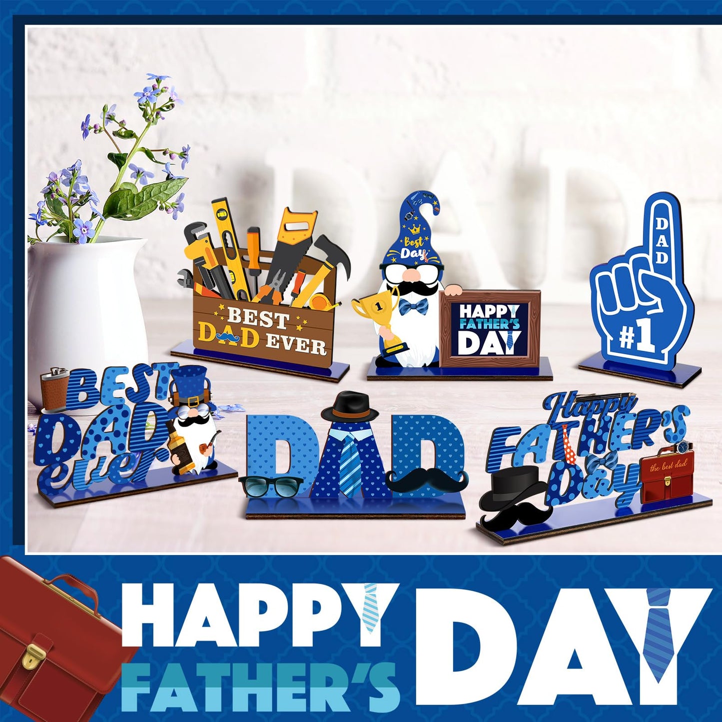 Yuntau 6 Pcs Father's Day Table Centerpiece Happy Father's Day Wood Signs Father's Day Gnome Table Decorations Dad Wood Tiered Tray Decor for Father's Birthday Party Gift Supplies