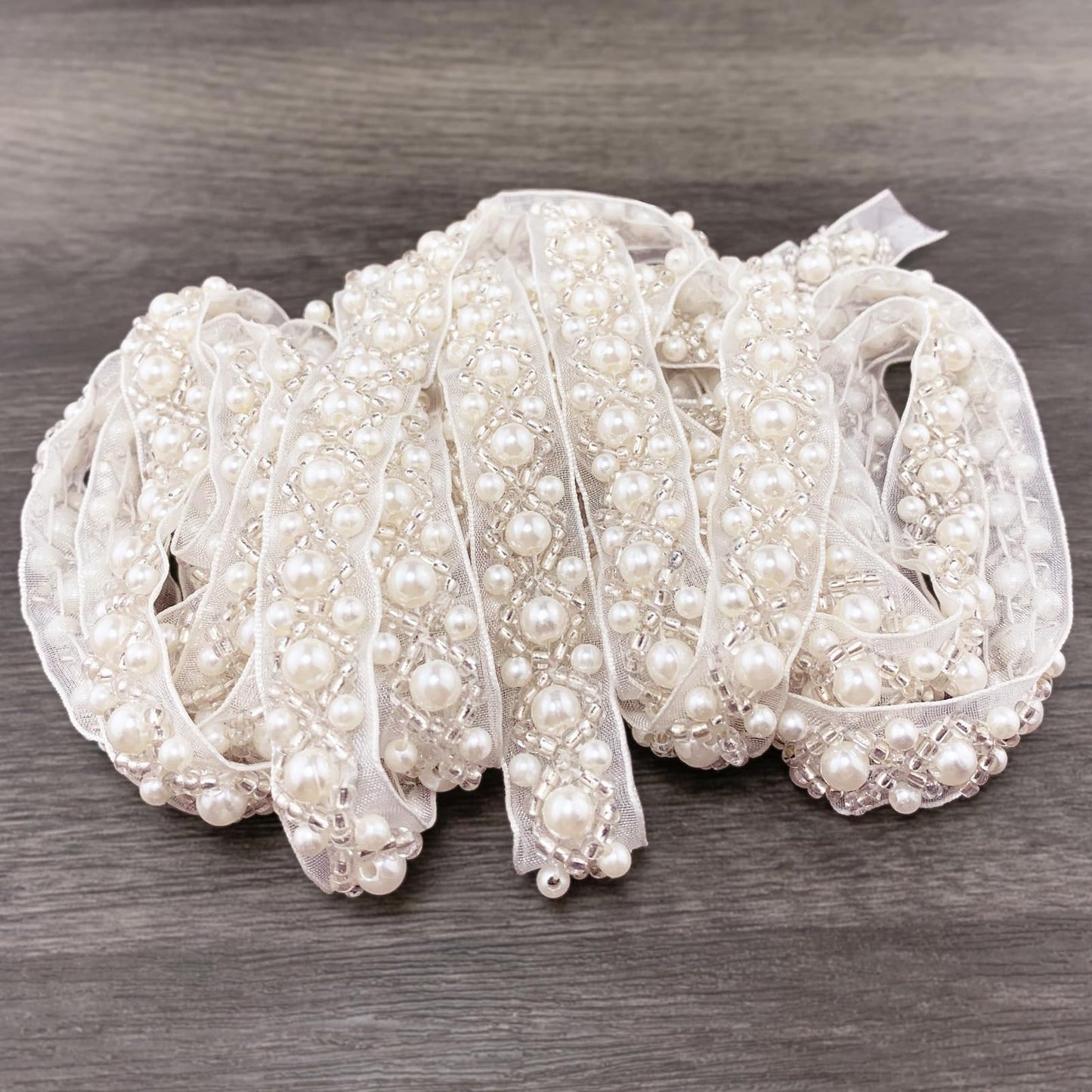BETITETO 3Yards Pearl Beaded Trim Lace Ribbon Trimming Edge Embellishments for Sewing Bridal Dress Party Clothes Wedding Decoration Fabric Crafts DIY (Ivory Ribbon)