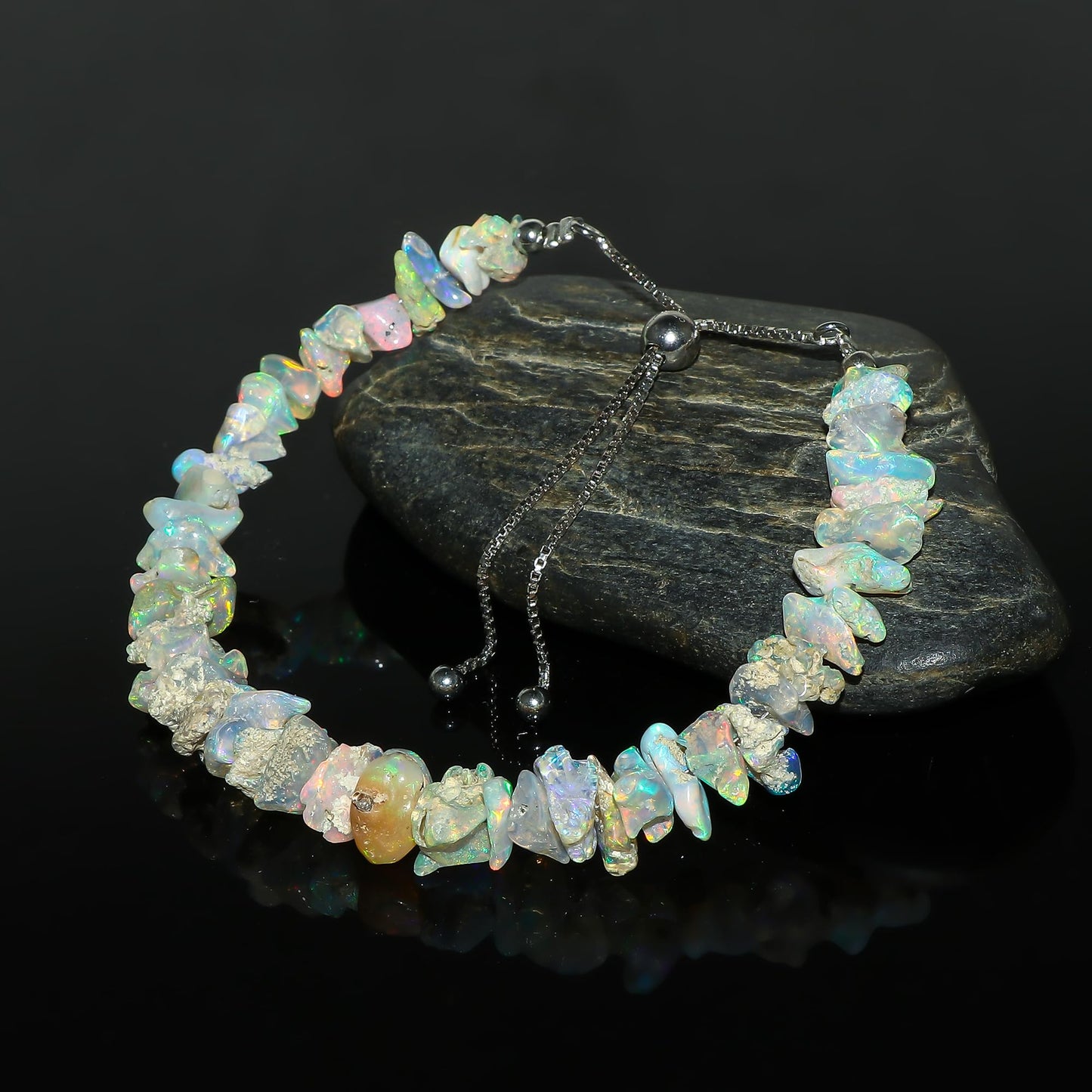 CRYSTALIS Ethiopian Opal Bracelet, Natural Raw Stones, Fire Play Rough Gemstones, Chakra Healing Crystals, Gift Giving Jewelry, Rhodium 925 Sterling Silver Women Bolo Slider Bracelet 10 inch (6+4")