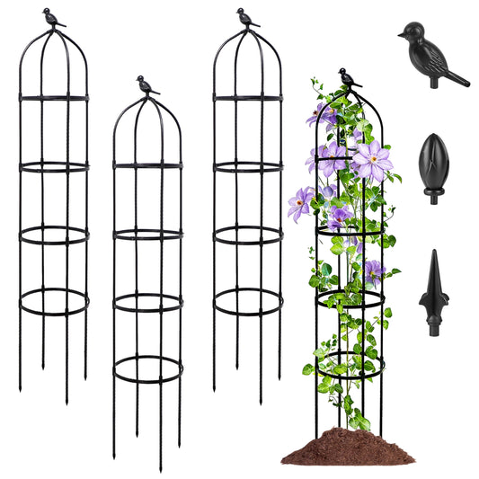 4-Pack 6FT Garden Obelisk Trellis for Climbing Plants,Adjustable 4-Tier Metal Plant Support,Rustproof Outdoor Plant Tower with 3 Decorative Tops for Roses,Tomatoes,Clematis & Vines,Black
