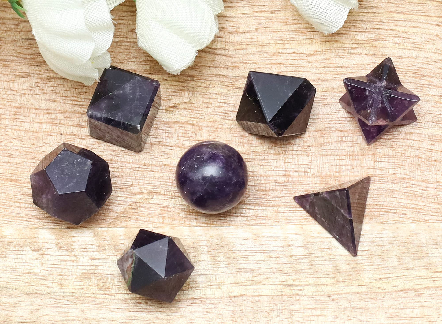 Crocon Amethyst 7 Pcs Platonic Sacred Stones Geometry Set for Chakra Stone Balancing Reiki Healing Spiritual Good Luck Home Office Decor Size: 15-20 mm