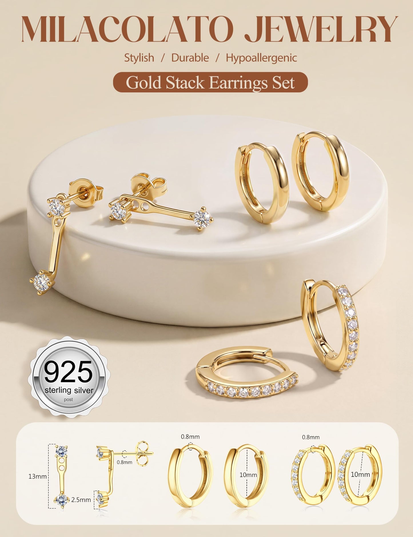 MILACOLATO 925 Sterling Silver Earrings for Women, 14K Gold Plated Small Huggie Hoop Earrings Sets for Multiple Piercing Hypoallergenic Jewelry, CZ Cartilage Earrings Stacks Trendy Jewelry Gifts, 3 Pairs-D