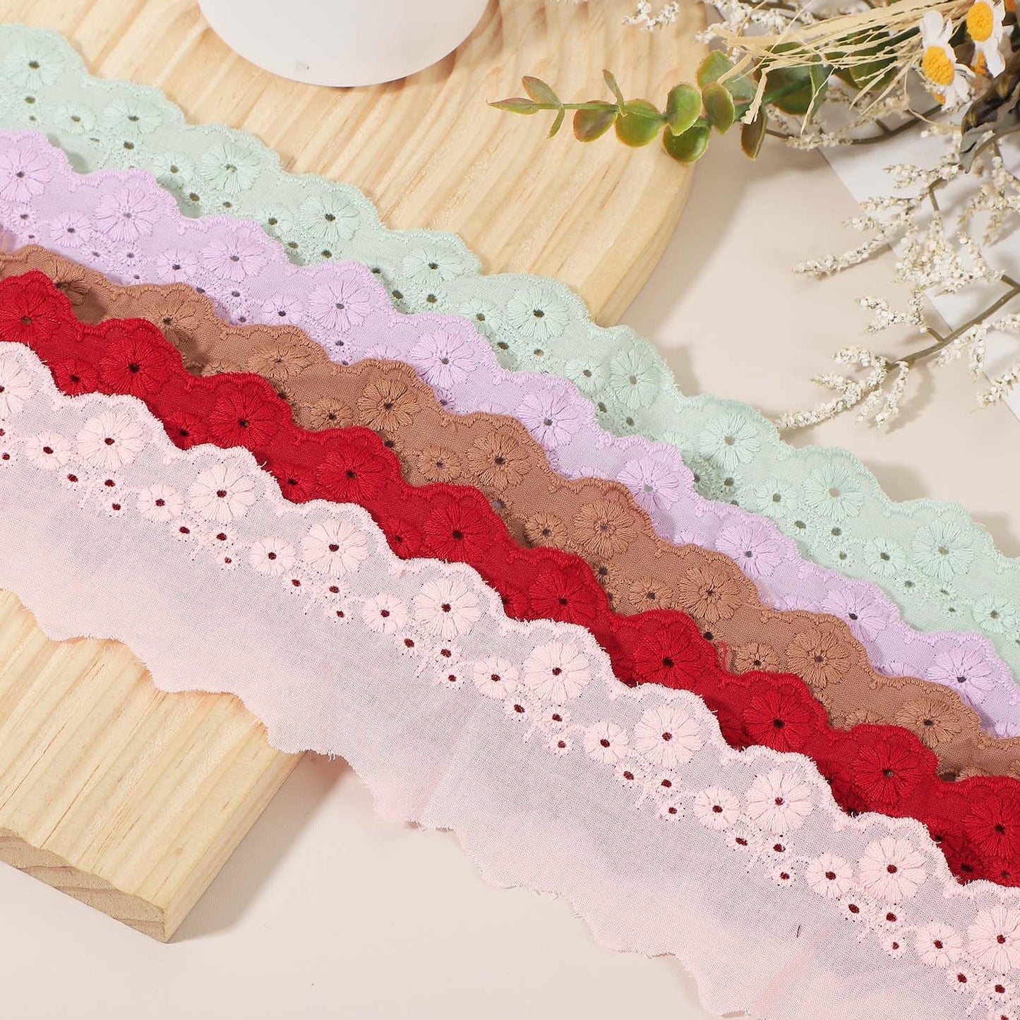 uxcell 5 Yards Eyelet Lace Trim, 2.17 Inch Wide Floral Cotton Lace Ribbon Embroidery Ruffle Ribbon Trim for Sewing Dress Apron Pillow Clothes Bag Decoration, Light Green