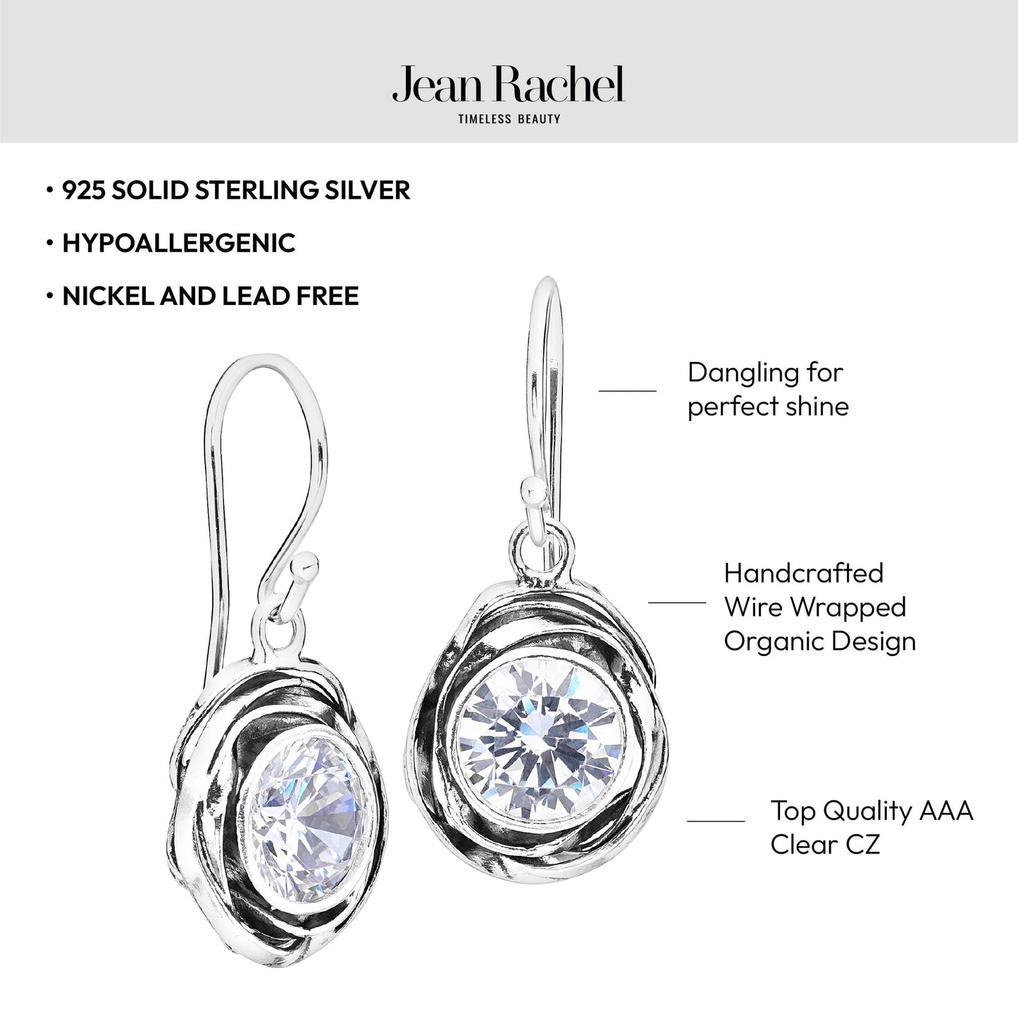 JEAN RACHEL JEWELRY 925 Sterling Silver Dangle Earrings for Women-Wire Wrap with Bezel Set Cubic Zirconia Vintage Design-Hypoallergenic,Lead&Nickel Free-Artisan Handcrafted Statement Earrings,White