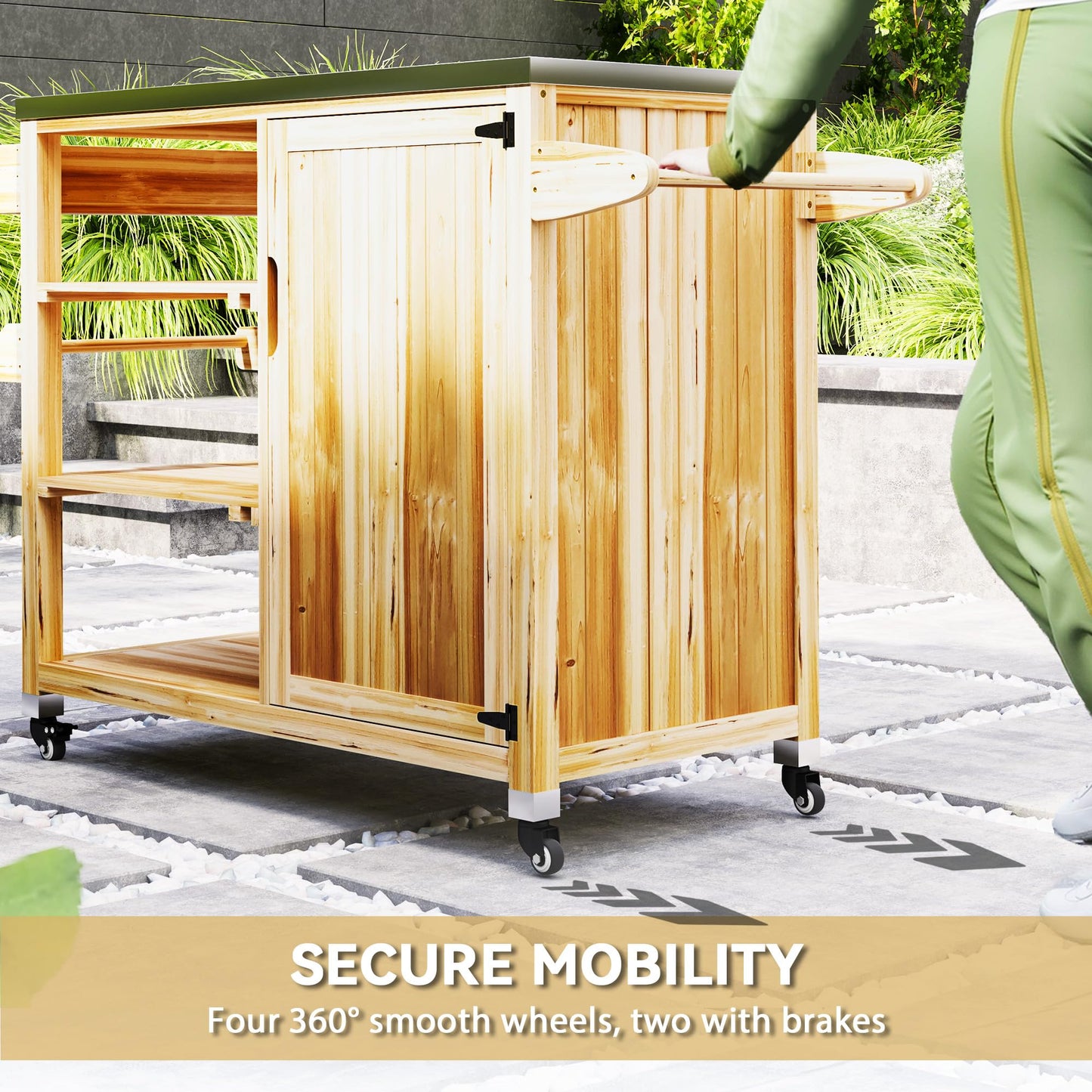 Outsunny Outdoor Grill Cart with Wheels and Storage Cabinet, Solid Wood Outdoor Kitchen Island with Stainless Steel Top, Movable Bar Cart for BBQ and Camping, Spice Rack and Towel Holder, Natural Wood