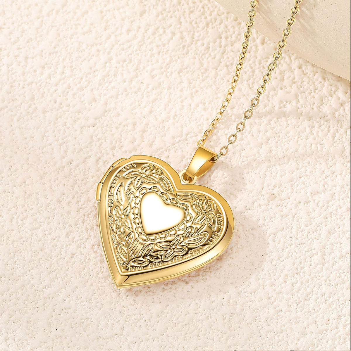 PHOCKSIN Gold Heart Locket Necklace Flower Engraved Personalized Necklace that Holds Pictures Customized Love Heart Gifts Locket Necklaces for Women