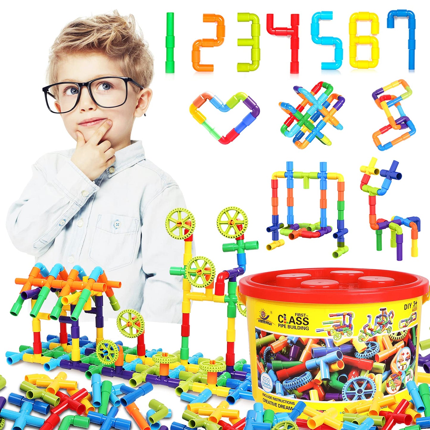 250PCS Pipe Tube Learning Toy for Toddlers, Educational STEM Bins for Classroom Preschool Building Toys, Montessori Interactive Autistic Sensory Toy, Xmas Birthday Gifts for All Ages Kids