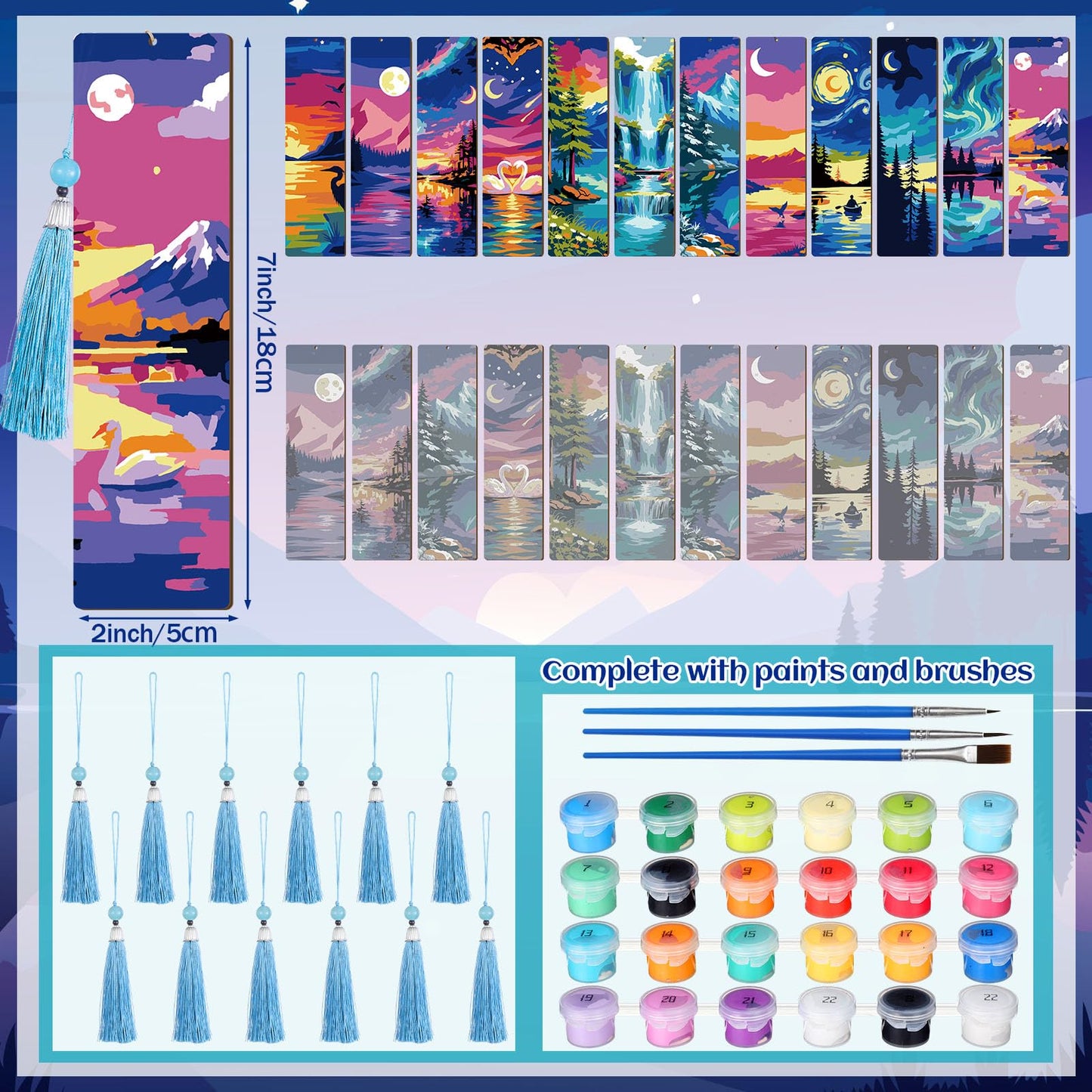 Kosiz 12 Pcs Night Landscape Paint by Numbers Kit for Adults Wood Bookmark Painting Decor Mini Paint by Numbers Kit Tassels Blank Bookmarks Craft for Small DIY Book Lovers Gift 7x2 ''