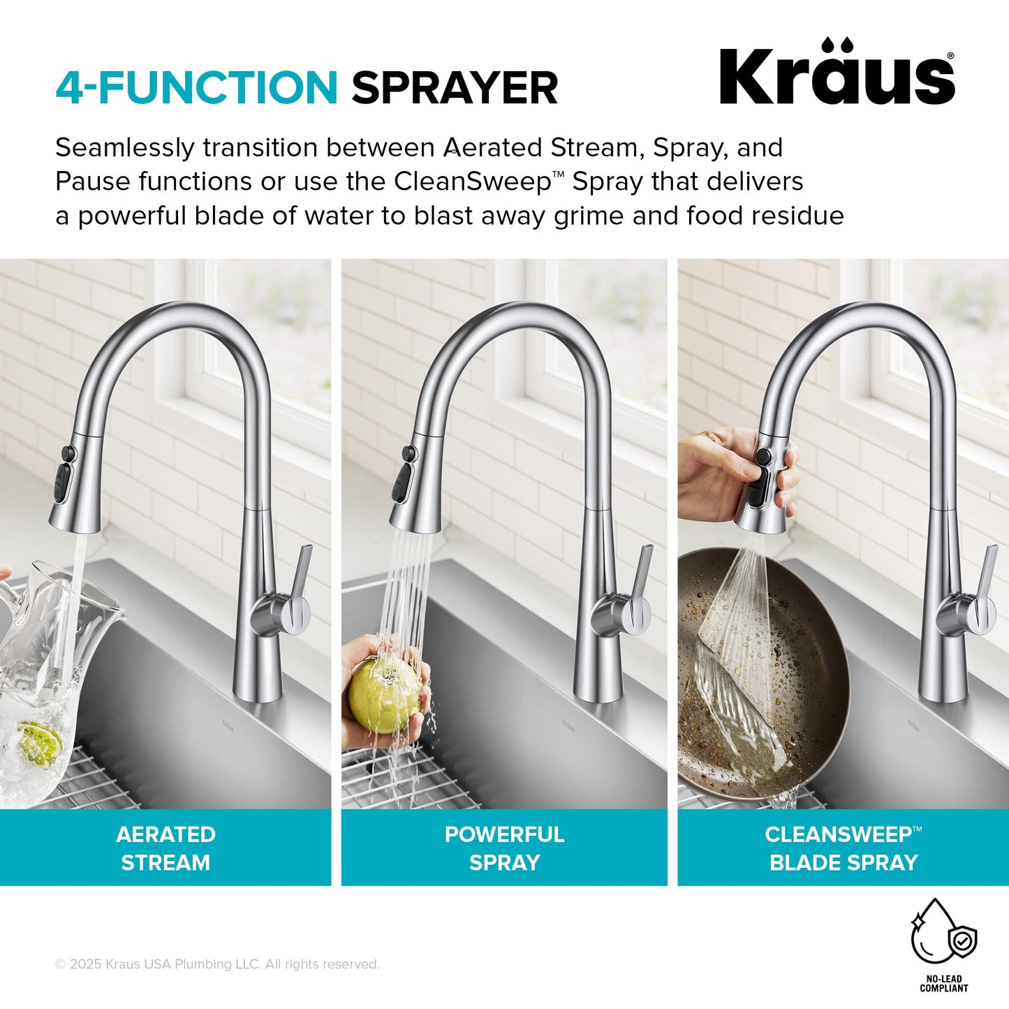 KRAUS Odelia 4-Function Single Handle Pull Down Kitchen Faucet in Matte Black with CleanSweep Blade Spray, KPF-3220MB