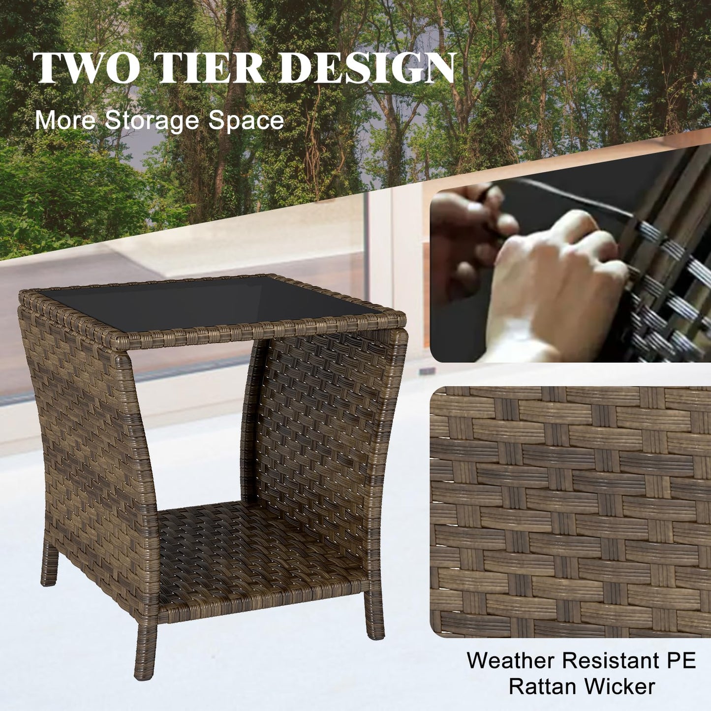 Elepude Outdoor Wicker Side Table Rattan Side Tables End Table for Patio with Glass Top Rattan Storage for Patio Garden Balcony