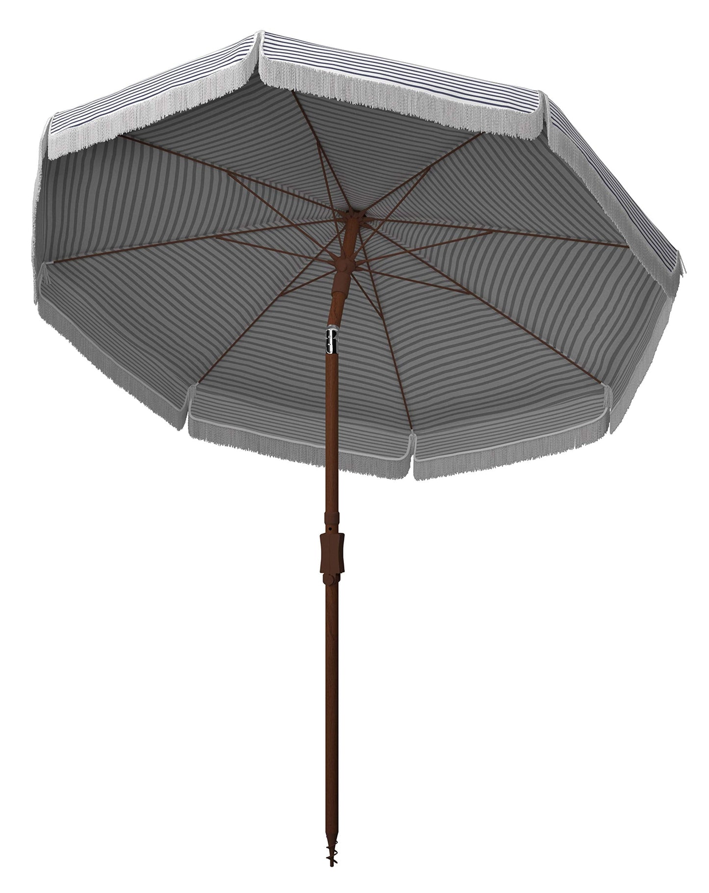 SAFAVIEH 6.5ft Outdoor Patio Umbrella, Round, Copen Collection, White & Navy Stripe, Fringe Trim, Button Tilt, UV Resistant for Deck, Backyard, Poolside (PAT8501B)