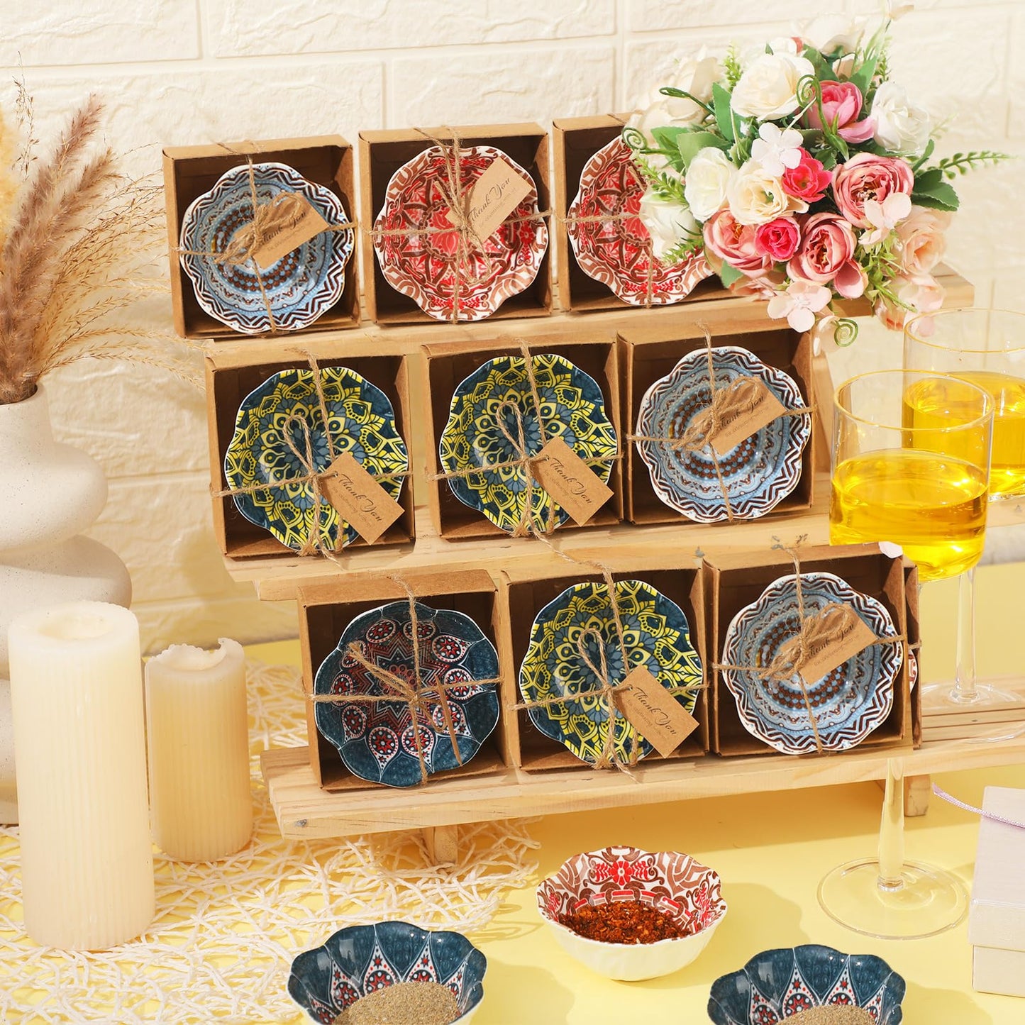 Yoande 12 Pcs Wedding Favors for Guests 3.3 Inches Small Ceramic Bowl Dipping Bowl Mexican Pottery Boho Dishes Wedding Souvenirs for Bridal Pooja Baby Shower Birthday Guest Return Gift(Bohemian)