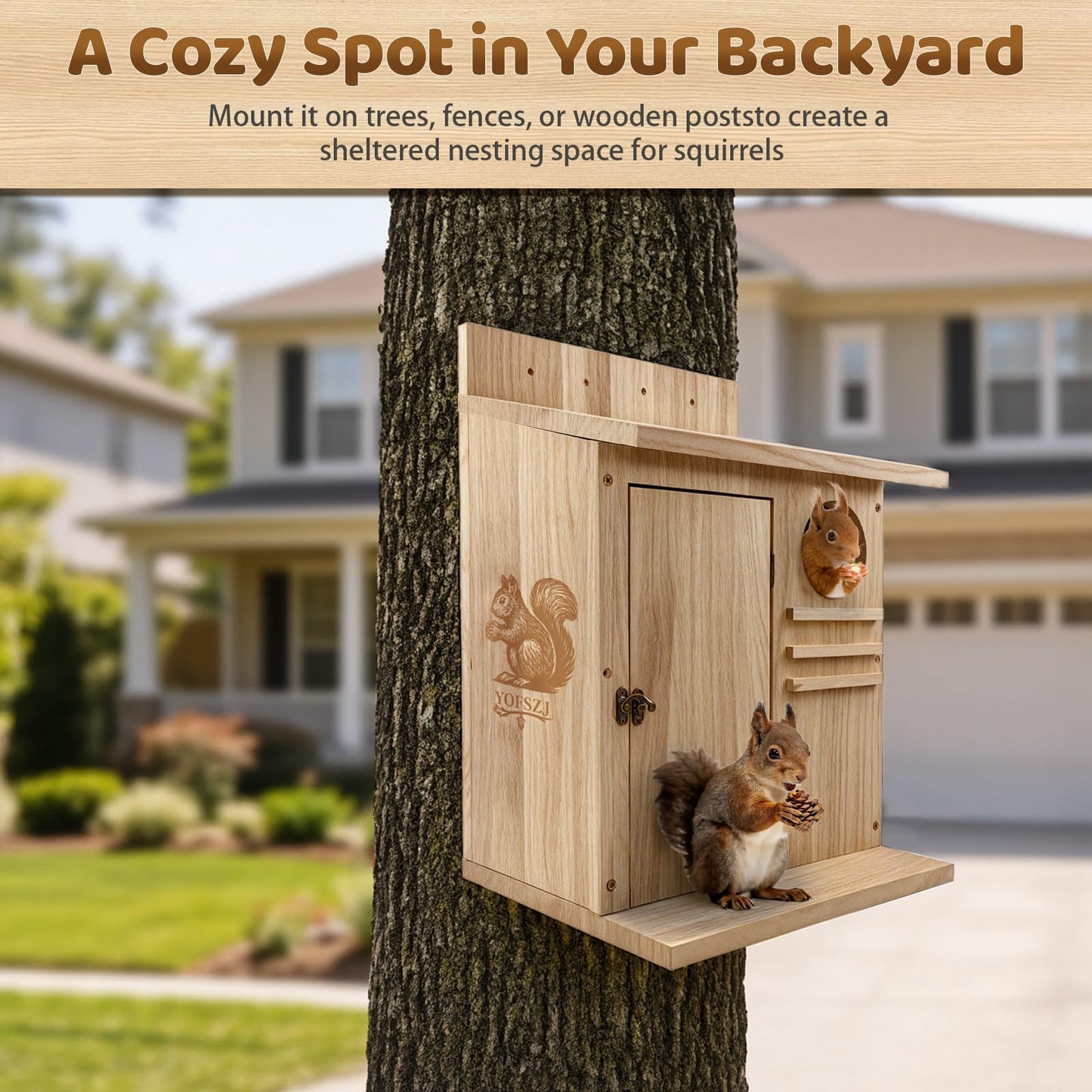 Large Squirrel House for Outside, Natural Wood Squirrel Nesting Box, Easy Installation Squirrel Shelter for Squirrels & Small Animals