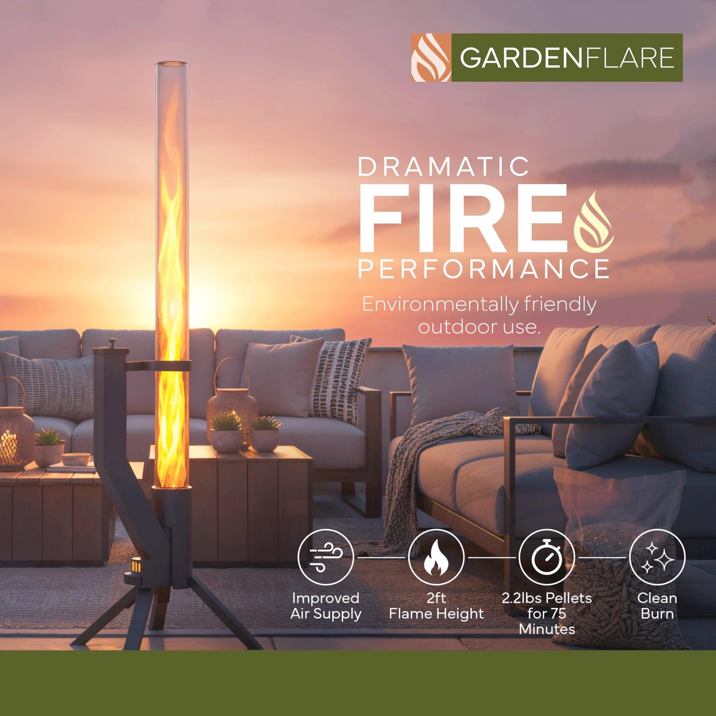 Gardenflare GARDENFLARE Stainless Steel Pellet Stove & Smokeless Firepit, Patio Heater for Ambiance - Wood Fire Pit for Patio, Fire Tube, Outside Backyard Bonfire & Outdoor Fireplace