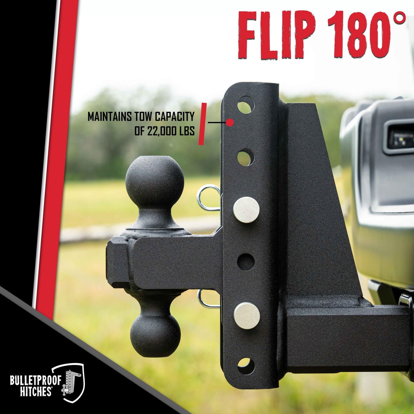BulletProof Hitches - 3.0" Adjustable Heavy Duty Trailer Hitch (22,000 lb. Rating) - 14" Drop/Rise Trailer Hitch with 2" & 2-5/16" Dual Ball - Powder Coat, Solid Steel, Corrosion-Resistant