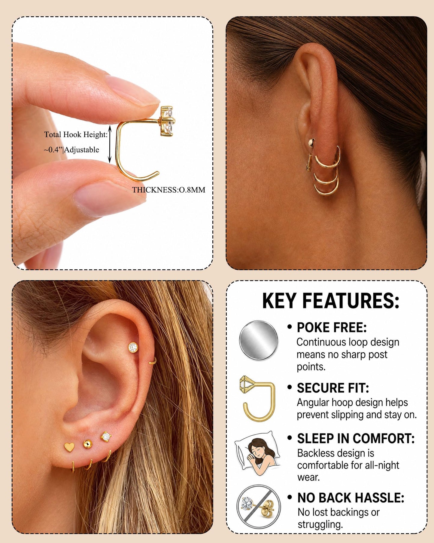 RLMOON Backless Earrings Gold Huggie Half Hoop Earrings for Women 14K Gold Plated Stay Close Hoop Earrings No Back Comfort Fit Hypoallergenic Stackable Earrings to Sleep in