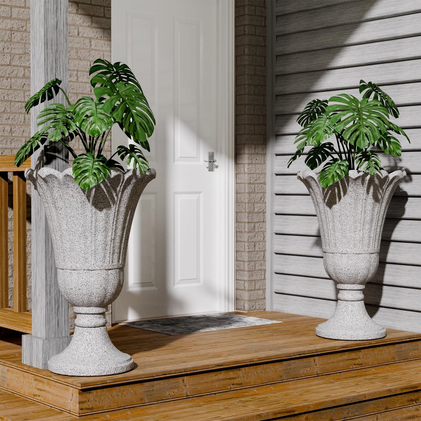 Trygoal 23.6" Tall Plastic Urn Planters for Outdoor Plants, Set of 2 Heavy-Duty Classic Indoor Large Flower Pots with Drainage Holes & Petal Design, Outdoor Planters for Porch, Home Garden, Grey