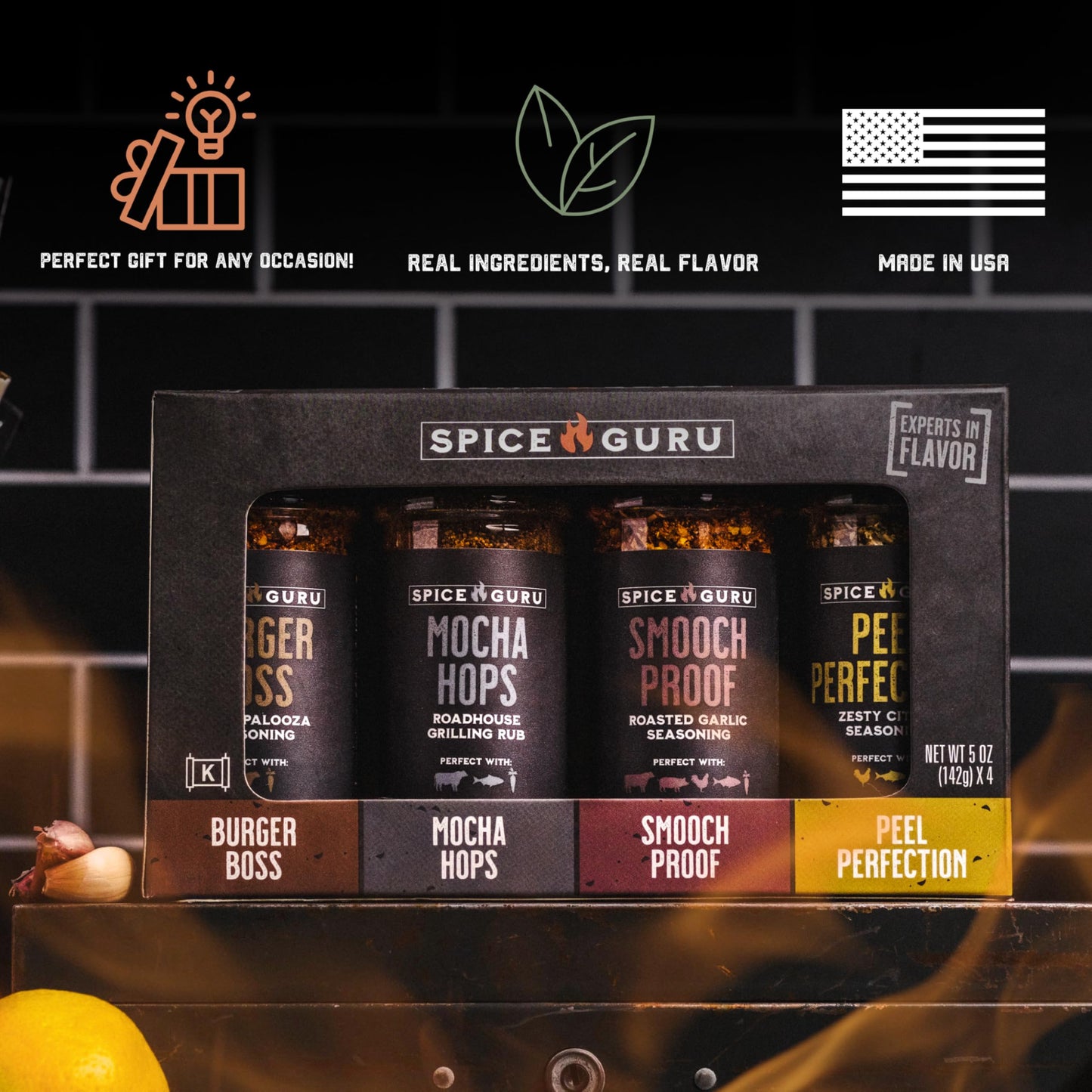 Spice Guru Grill Seasoning Gift Set - 4 Flavor BBQ Seasonings and Rubs - Christmas Gifts for Men Who Cook - BBQ Rub Gift Set - Christmas Grilling Gifts for Men - Gifts for Dad - Gifts for Him