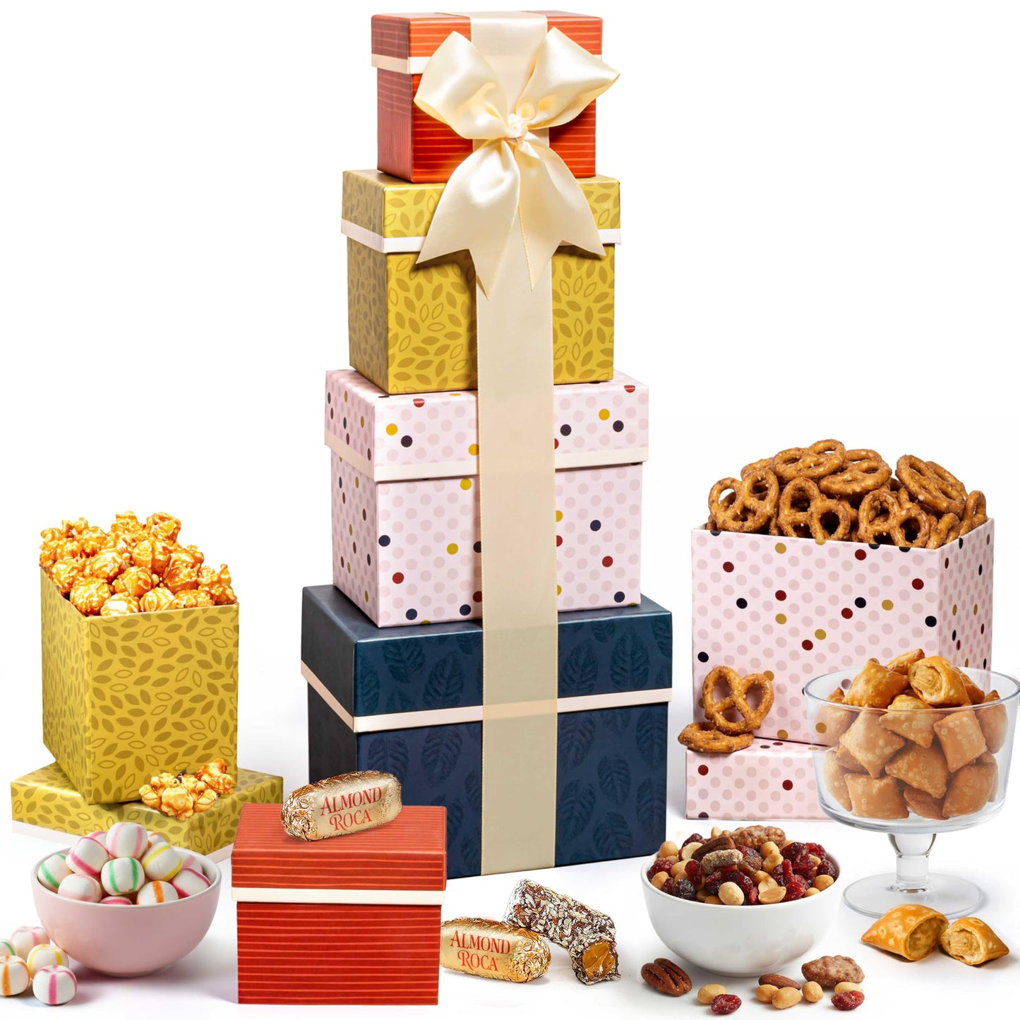 Broadway Basketeers Tower Snack Gift Basket – Gourmet Basket Gifts for Family, Friends & Groups – Sweet & Savory Large Gift Basket with Cookies, Popcorn & Candies – Perfect All Occasion Food Gifts