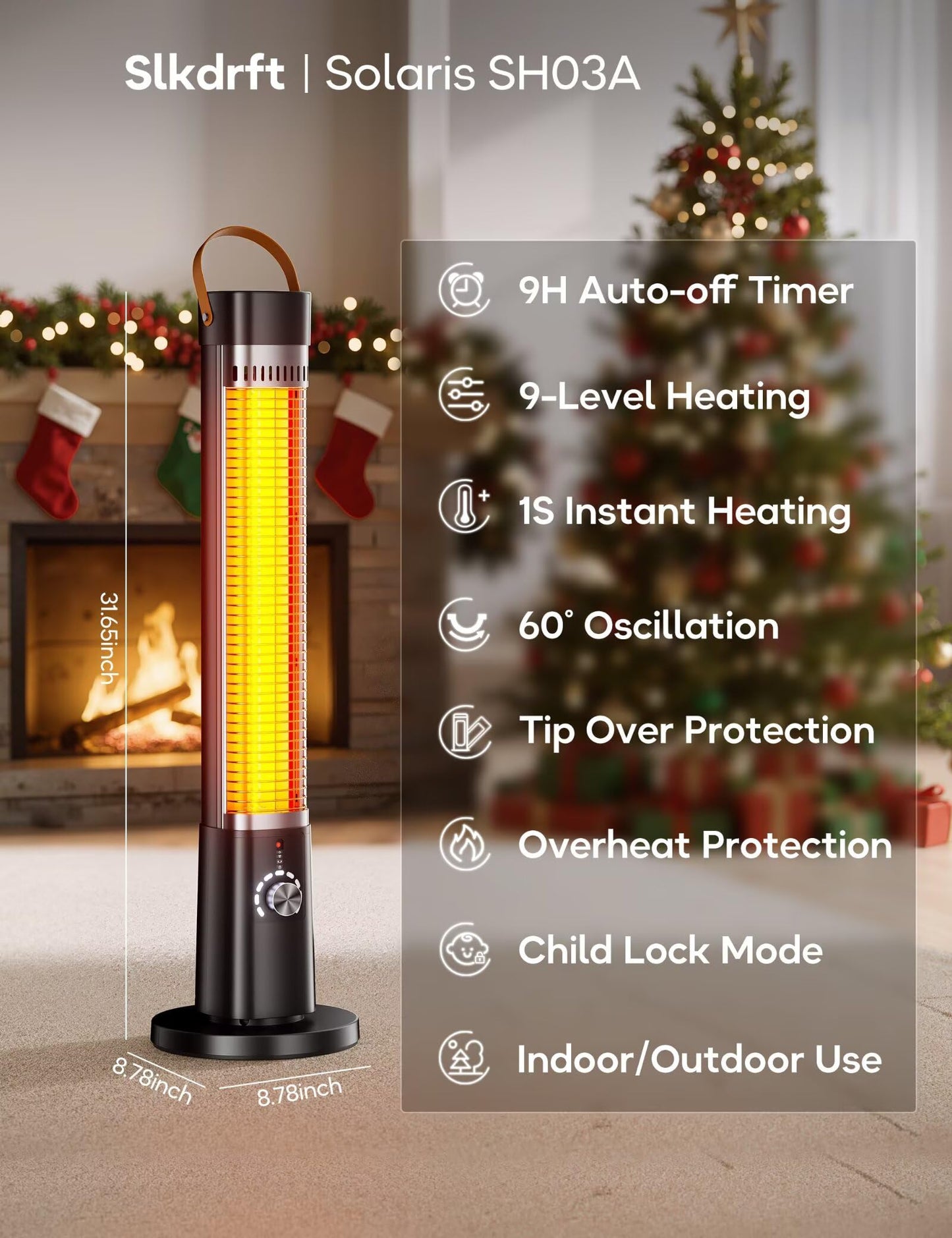 Outdoor Heater for Patio, 32" Infrared Electric Heaters Indoor w/Remote, 1500W, 60° Oscillation, 9H Timer, 9 Heat Level, Tip-Over/Overheating Protection, Safety Lock, for Garage Porch Office Inky
