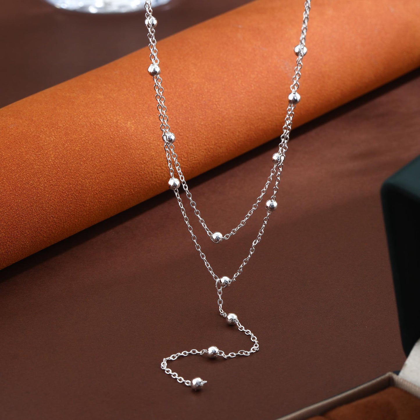 JIKASI Lariat Silver Necklaces for Women Trendy Dainty Long Necklace Sterling Silver Plated Drop Rosary Beaded Chain Necklaces Y Layered Pendant Necklace Simple Gold Statement Jewelry Gifts