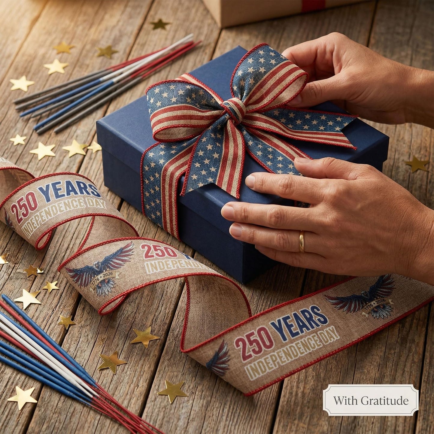 Bllavie 2 Rolls USA 250th Anniversary Ribbons for Wreath Bows Gifts, Red Blue Star Burlap Ribbons Patriotic Ribbon 4th of July Memorial Day Ribbon Bow for Gift Wrapping DIY Crafts Wreath Decor