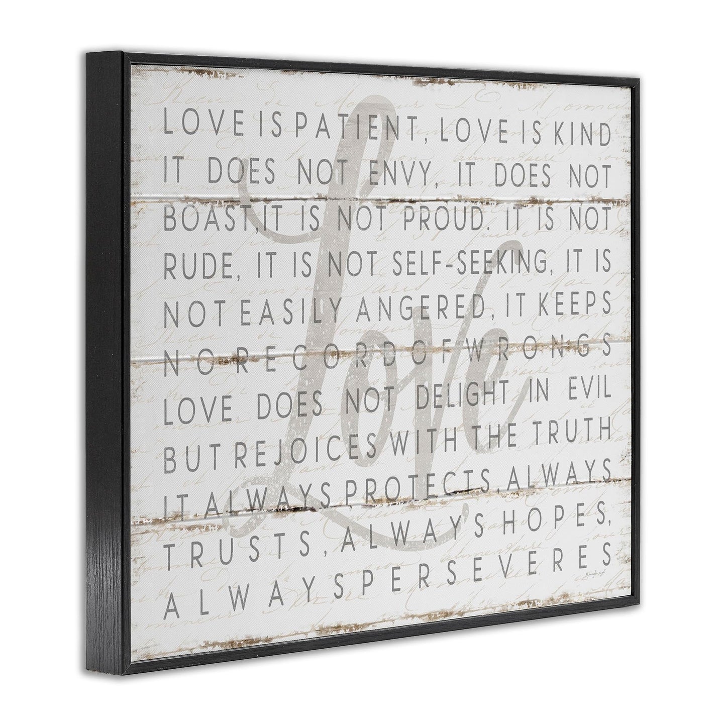 Stupell Industries 'Love Is Patient Grey on White Planked Look', Framed Giclee Art, Black, 14 x 11 Inches, Easy to Hang and Sturdy, Made in USA, by Jennifer Pugh