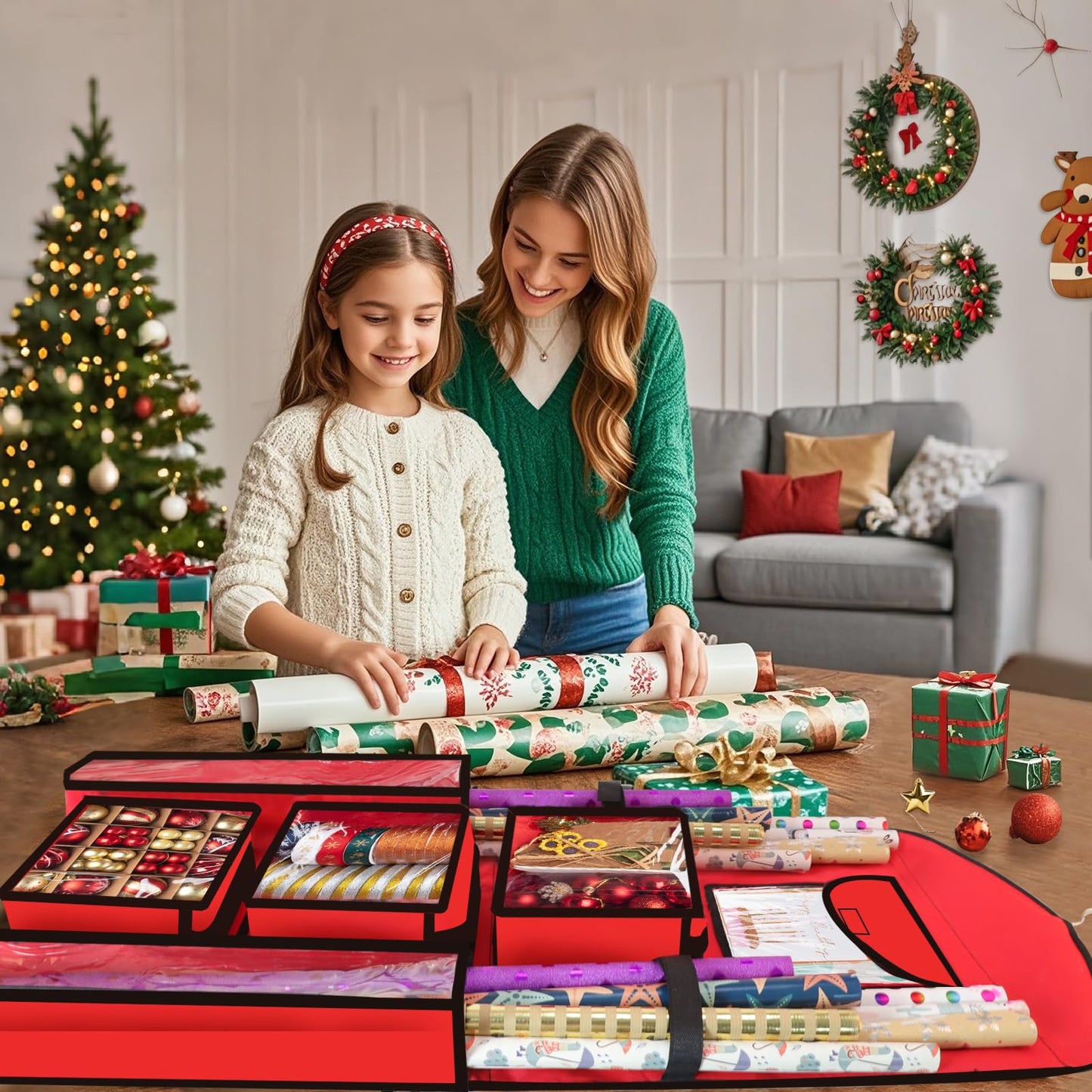 Woodoulogy Hanging Gift Wrapping Paper Storage, 40"X17" Red Double-Sided Christmas Wrapper Bag Container, Oxford Craft Roll Organizer, Present Wrap Holder for Bedroom Closet, Door, Cabinet