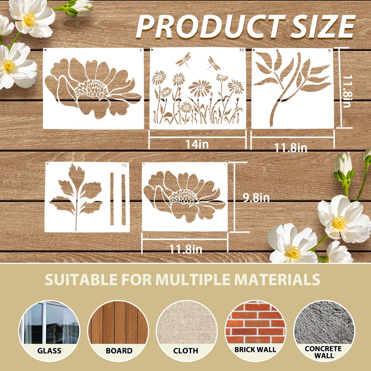 12Pcs Large Flower Stencils for Painting on Wood Fence, 14 Inch Reusable Fence Stencil, Peony Floral Stencils on Wall Wood Floor Canvas Paper Furniture Fabric
