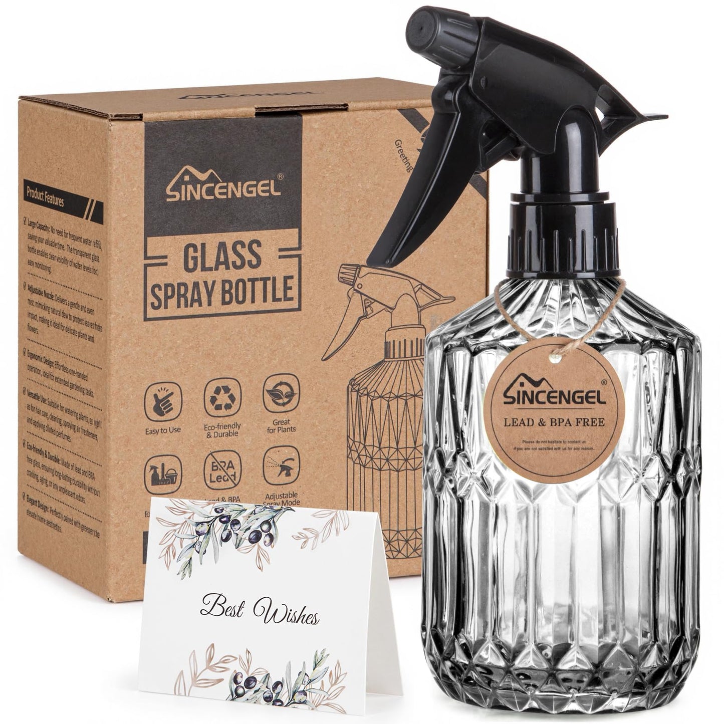 Sincengel Plant Mister Spray Bottle, 13.5 oz Leak Proof Glass Spray Bottle for Inside Plants, Succulents, Herbs, Cleaning, Hair Care, Refillable Fine Mist Sprayer with Adjustable Mist Nozzle (Grey)
