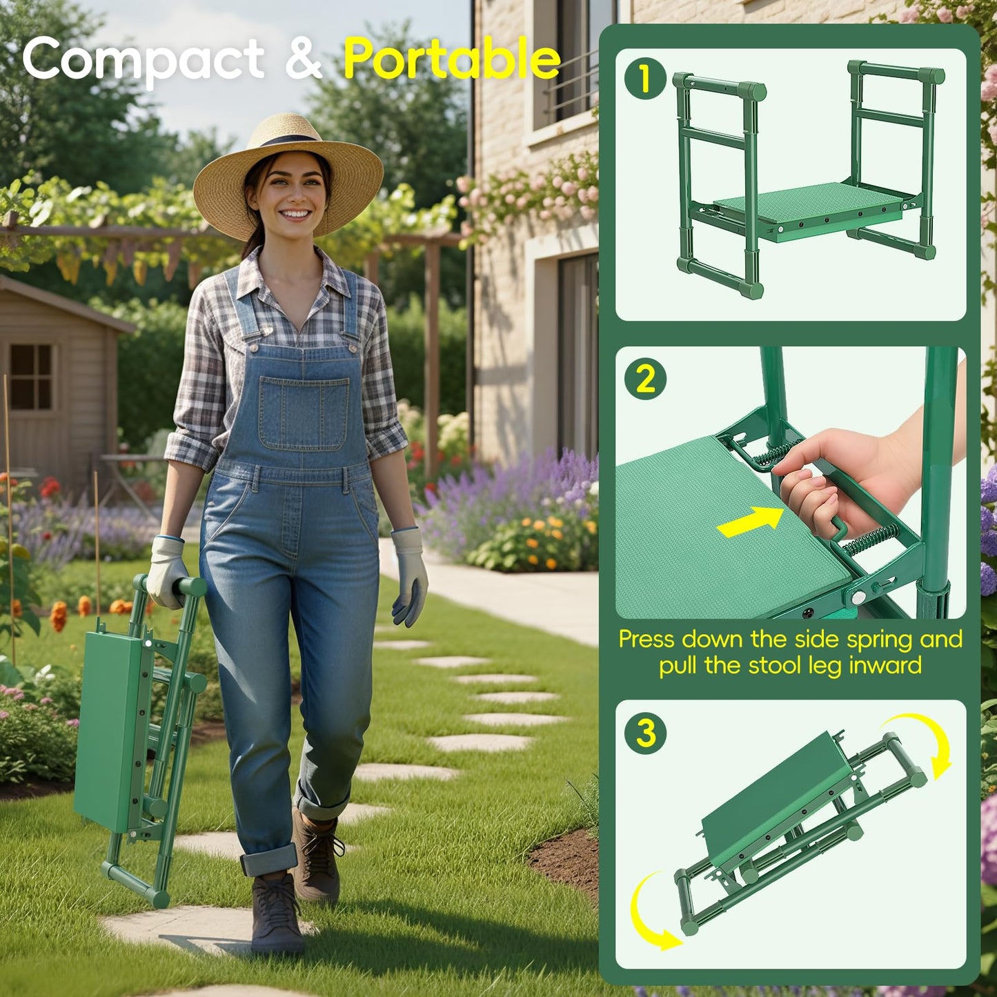 Housolution Garden Kneeler and Seat with Anti-Tipping Extendable Legs, Foldable and Portable Garden Stool with 2 Tool Bags, Thick Soft Kneeling Pad, Gardening Gifts for Women Men Seniors, Deep Green