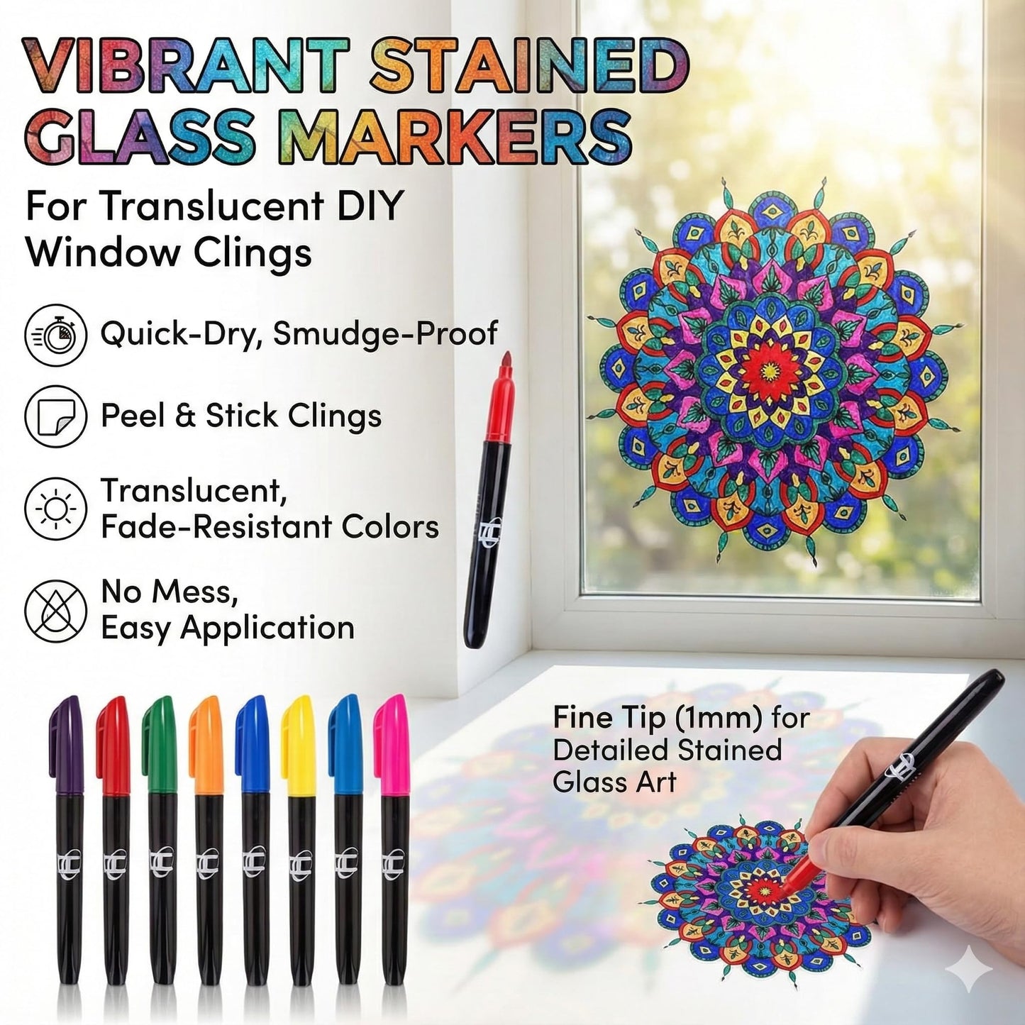 Hula Home Stained Glass Mandala Art Kit - DIY Window Clings with Markers, 10 Suncatchers - Perfect Hobby for Adults, Kids, Teens & Seniors - Ideal Gift for Beginners, Women & Elderly