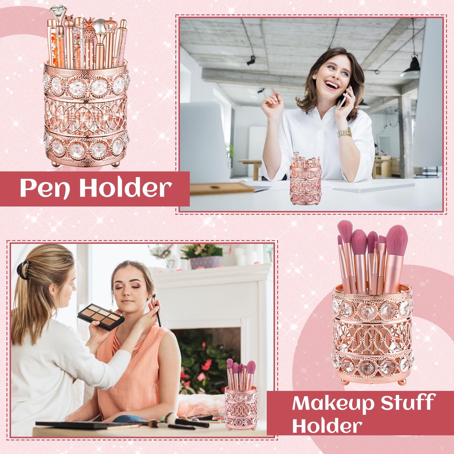 8 Pcs Rose Gold Ballpoint Pens Set, Handmade Crystal Pen Holder for Desk Black Ink Fancy Pens Liquid Sand Glitter Pens Bling Diamond Pens Gifts for Women Girls School Wedding Office Desk Supplies