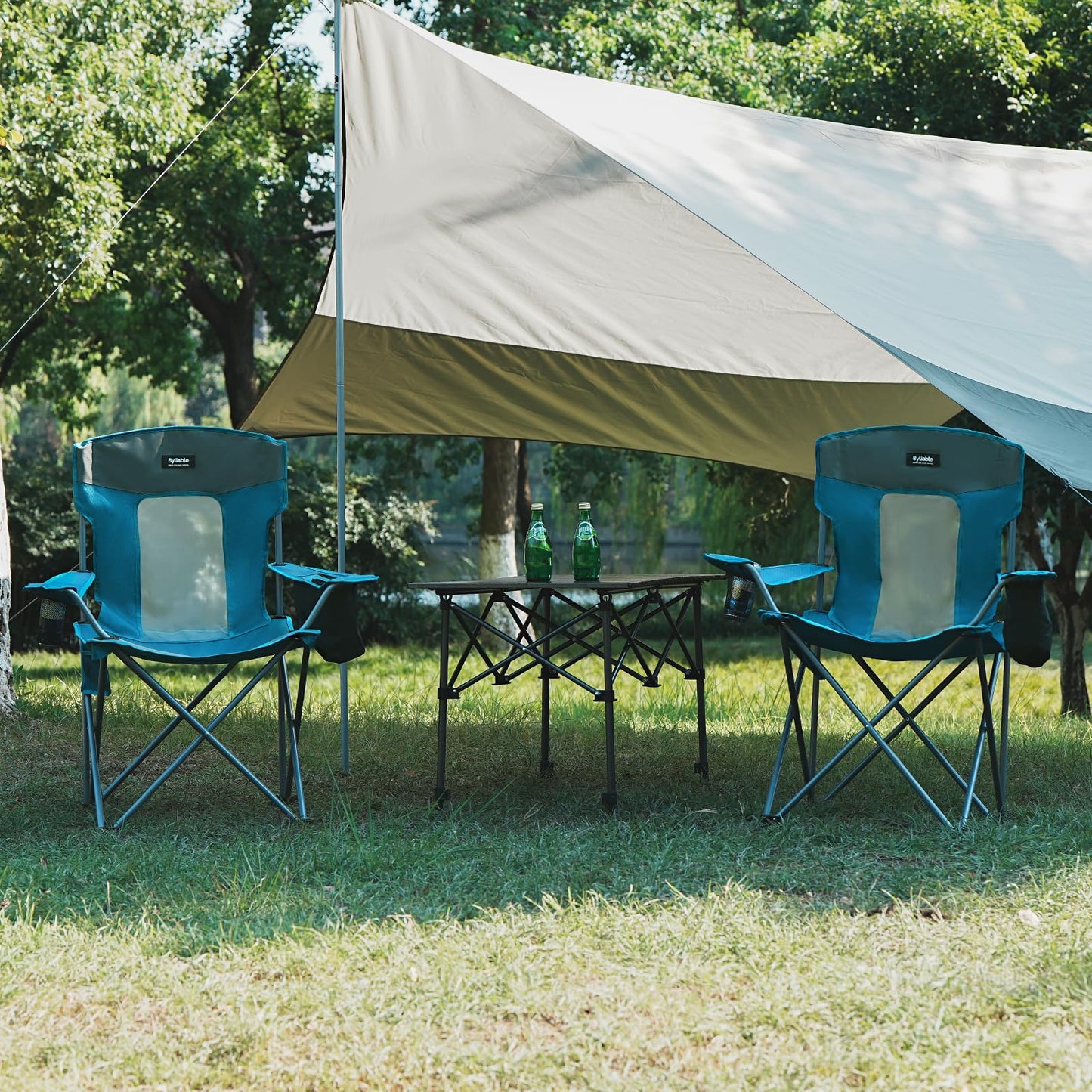 Camping Folding Chair Outdoor Lawn Portable Lightweight Camp Folding Chairs for Adult Outside with Cup Holder, Cooler Pouch & Side Pocket for Camping, Beach, Fishing, Sports or Tailgating Events, Blue