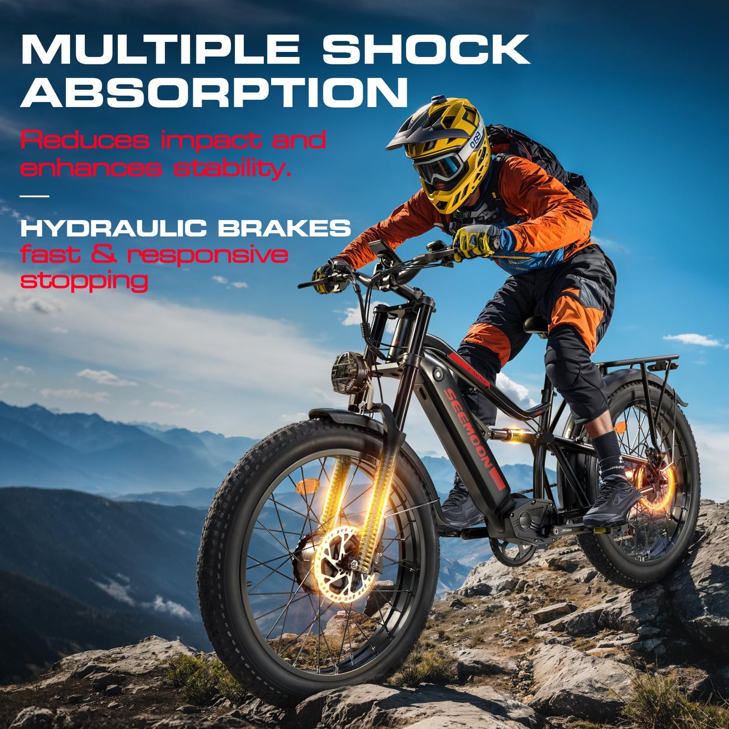 Seemoon Electric Bike for Adults, 52V 20Ah 26" Fat Tire Fast Ebike, up to 100 Miles, Hydraulic Brakes, Off-Road Mountain Hunting AWD Ebike for Men (Black)