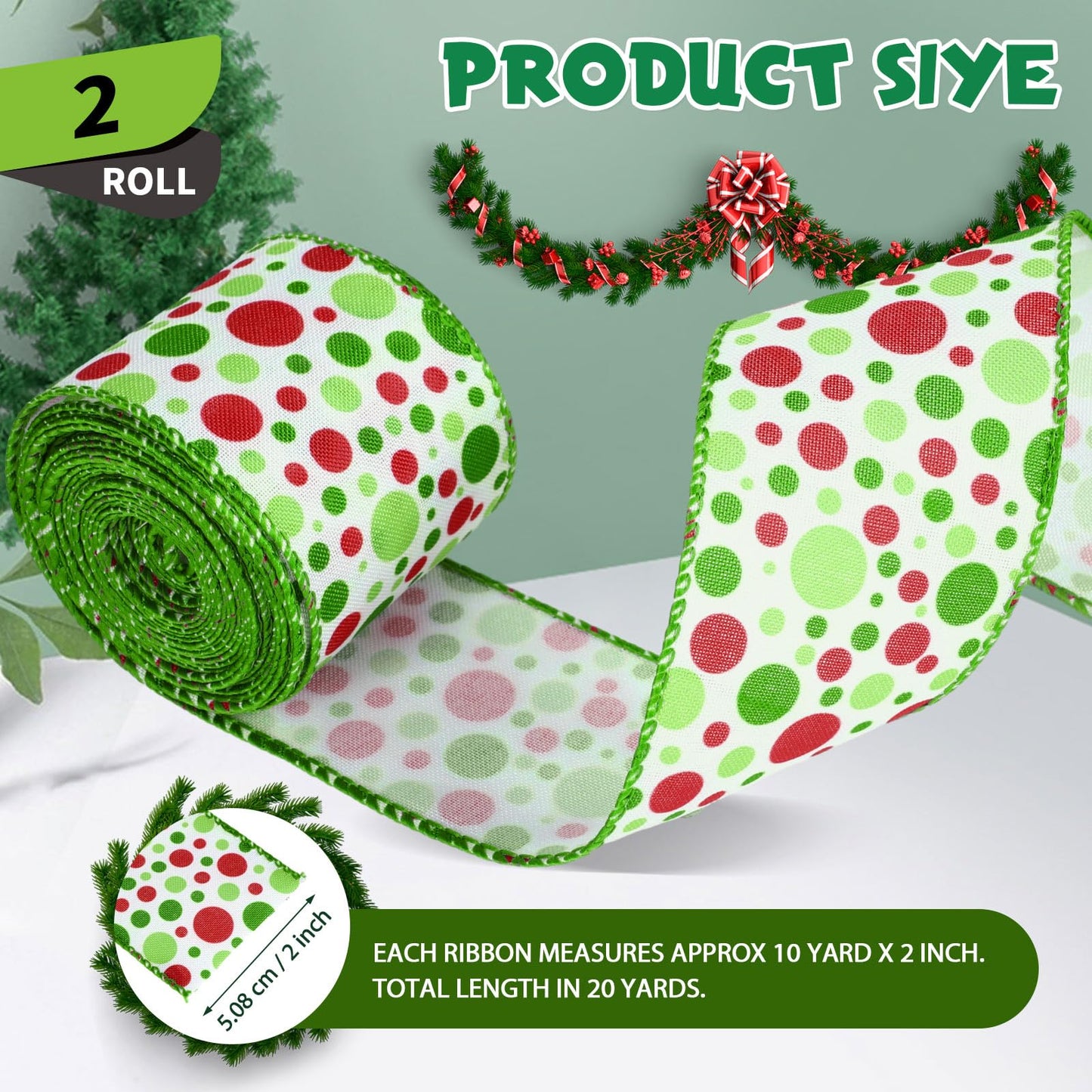 Hanaive 20 Yards Christmas Polka Dot Ribbon Xmas Wired Ribbon Christmas Tree Ribbons Decoration Green Red Polka Dot Printed Ribbons DIY Decorative for Wreaths Gifts Wrapping(2 Inch)