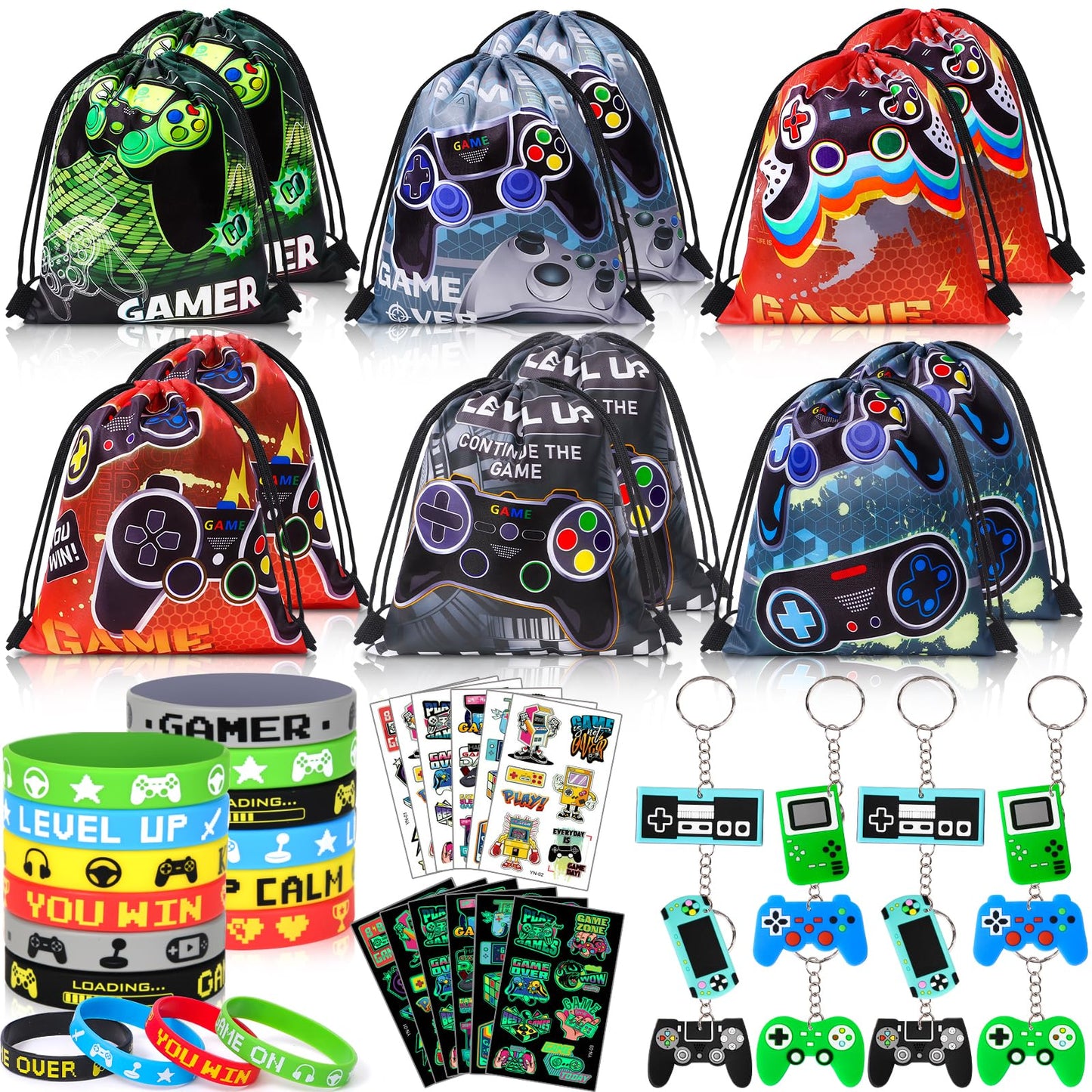 Winrayk 12 Sets Video Game Party Favors Gamer Birthday Supplies, Gaming Drawstring Bag Silicone Wristband Glow In The Dark Tattoos Keychain, Kid Game On Goodie Bag Stuffers Gamer Party favors Supplies