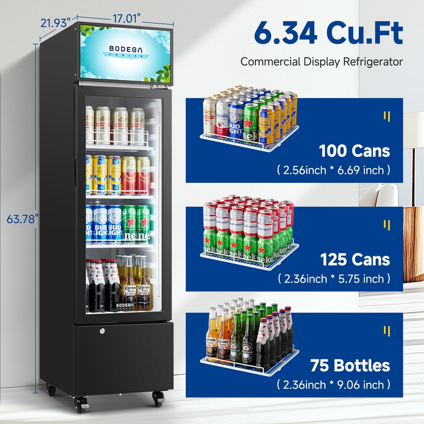 BODEGACOOLER Beverage Refrigerator and Cooler, 6.34 Cu. Ft Commercial Refrigerators for Drink, Beer, Tall Commercial Cooler for Beer, Soda, Single Door Display fridge