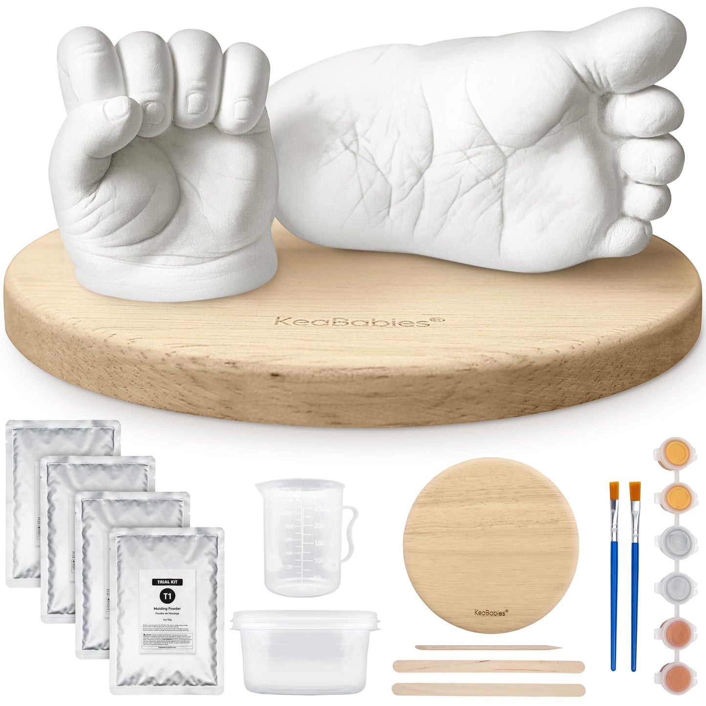 KeaBabies Baby Casting Kit Hands and Feet Mold - 3D Newborn Hand Casting Kit & Stylish Wood Base, Easy DIY Infant Foot Molds 0-9 Months, First Christmas & Baby Keepsake Shower Gifts (Round, Ash Wood)