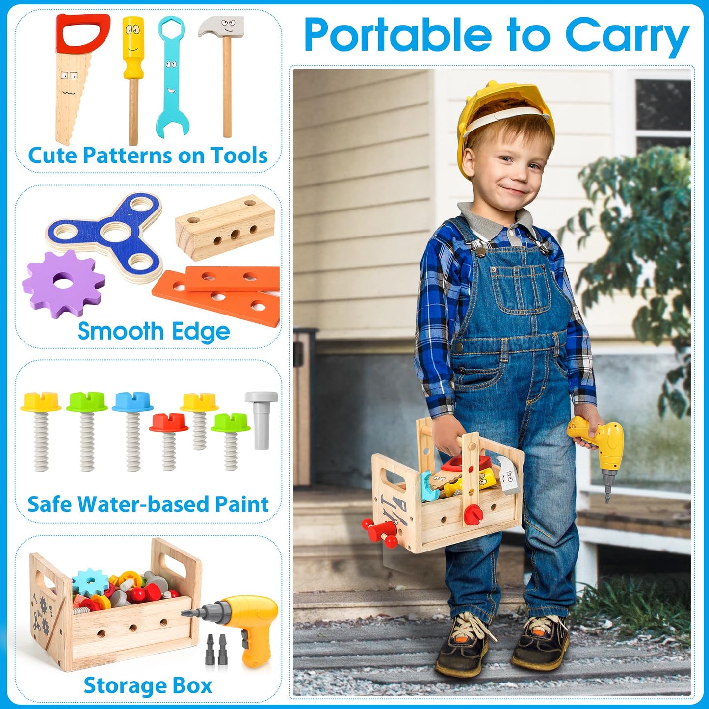 Kids Tool Set Toy with Drill, Wooden Toy for 2 3 4 5 Years Old Boy Girl, 37 Pcs Stem Montessori Toy for Learning Educational Construction Toy, Birthday Gift for Kids
