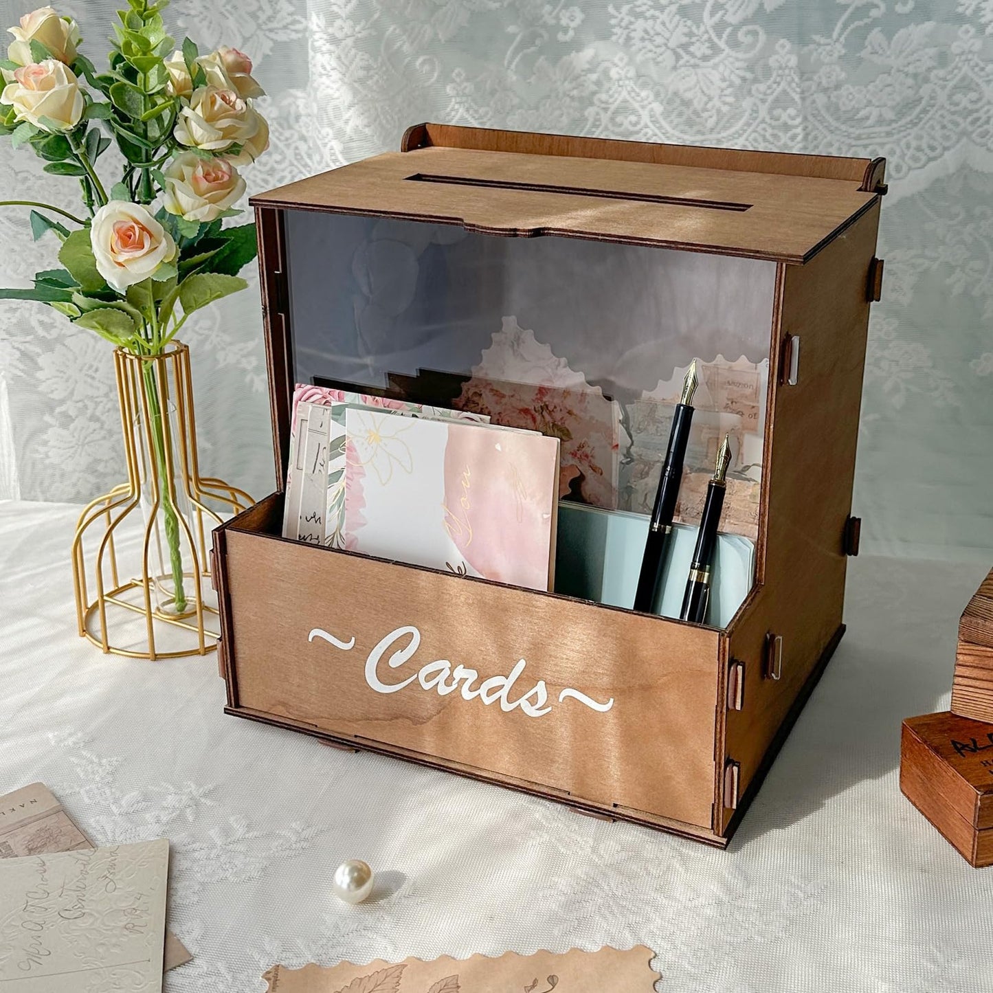 OurWarm Brown Wedding Card Box with Flower Trough & Acrylic Board, Wooden Wedding Card Boxes for Reception, Money Gift Box for Honeymoon, Graduation, Baby Showers, Birthday Party Decorations
