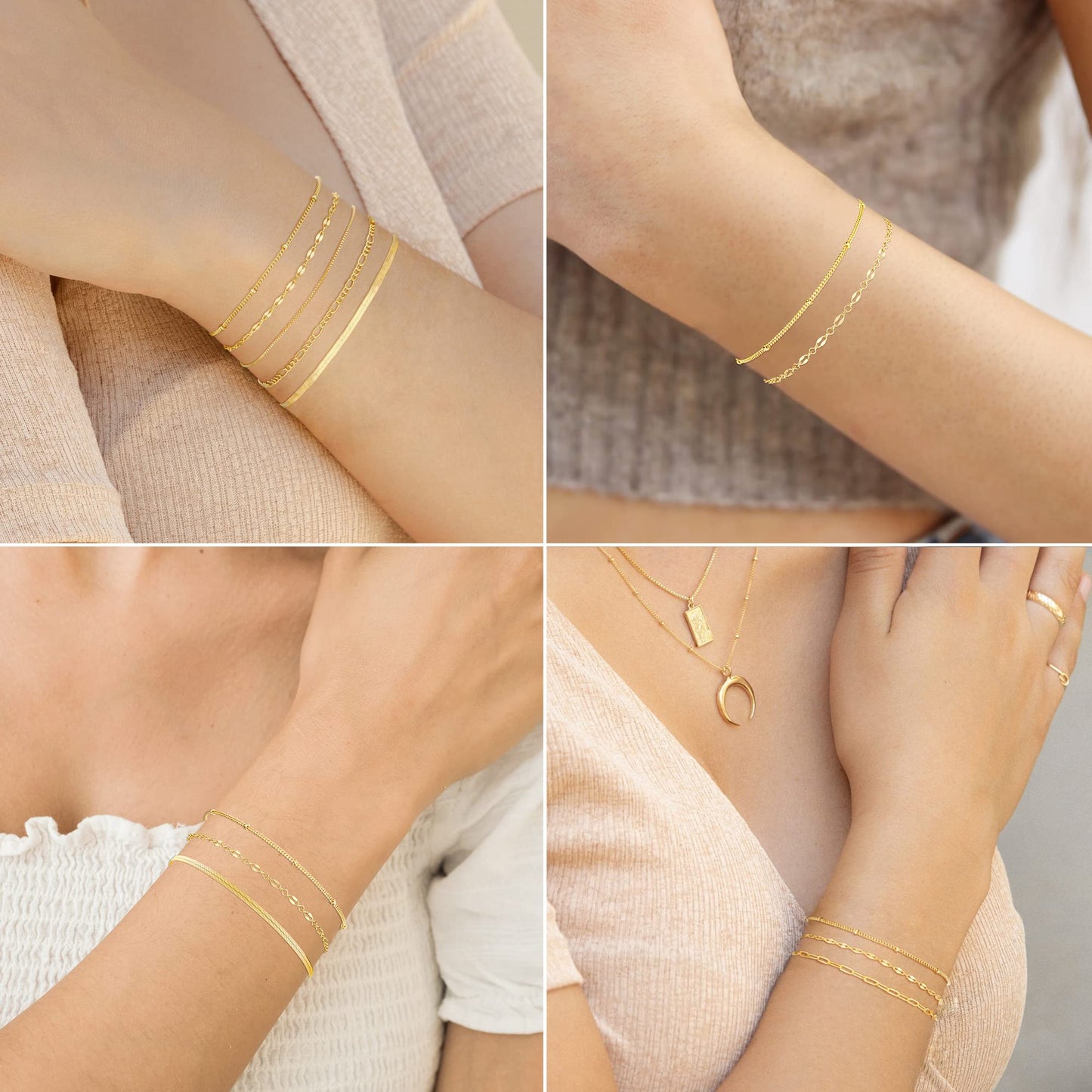 14K Gold Plated Bracelet Set for Women, Dainty Layered Bracelet Stack Simple Tiny Satellite Figaro Snake Chain Box Bracelets Cute Thin Minimalist Fashion Jewelry Gifts for Women Trendy