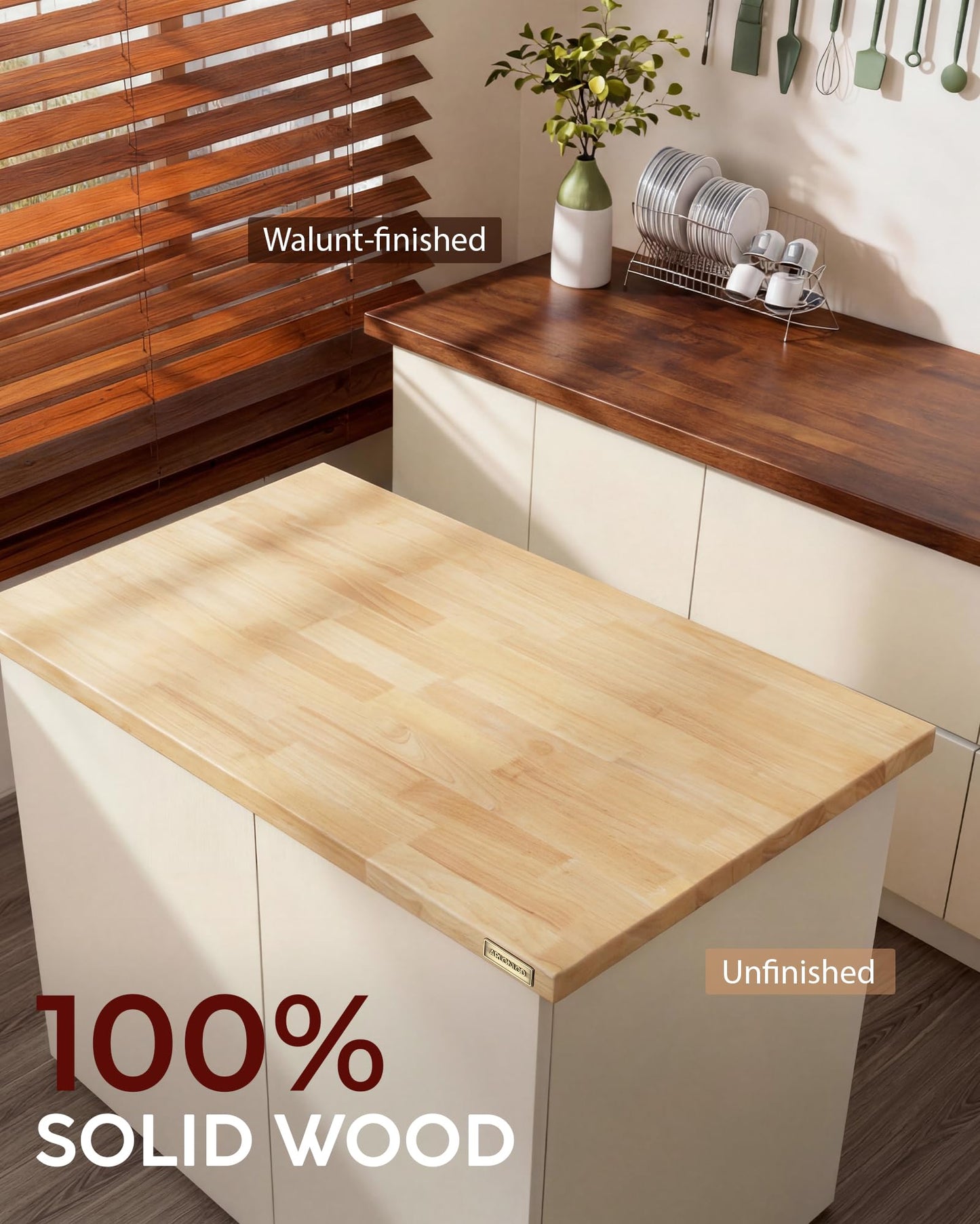 Butcher Block Countertop Kit, 48" Unfinished & 36 Walnut Stained Hevea Wood Table Top DIY Cut for Kitchen Island, Cutting Board, Washer Dryer Countertop, Living and Dining Room Table