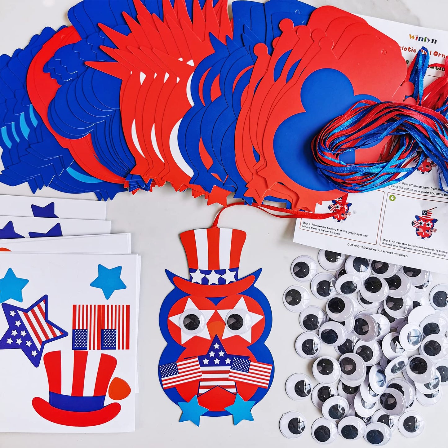 Winlyn 36 Sets 4th of July Craft Kits Patriotic Crafts DIY Owl Ornaments Decorations Art Sets Owl Shapes with Red White Blue USA Flag Patriotic Star Stickers for Kids Party Classroom Activities