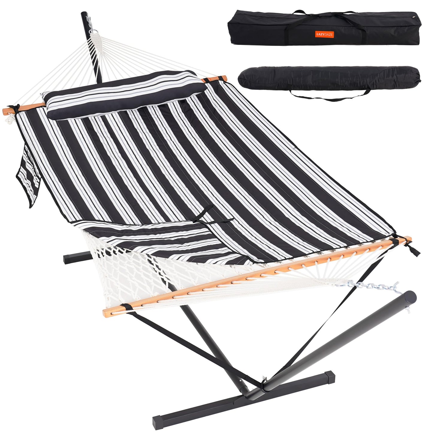 Lazy Daze Hammocks 2 Person Portable Hammock with 12FT Stand, Double Hand Woven Cotton Rope Hammock with Detachable Quilted Pad & Pillow for Outside, 450lb Capacity, Black White Stripes