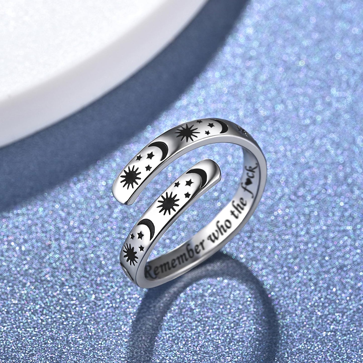 925 Sterling Silver Inspirational Jewelry Adjustable Wrap Open Ring Encouragement Gift for Women (Sun & Moon - Remember who the f♡ck you are)