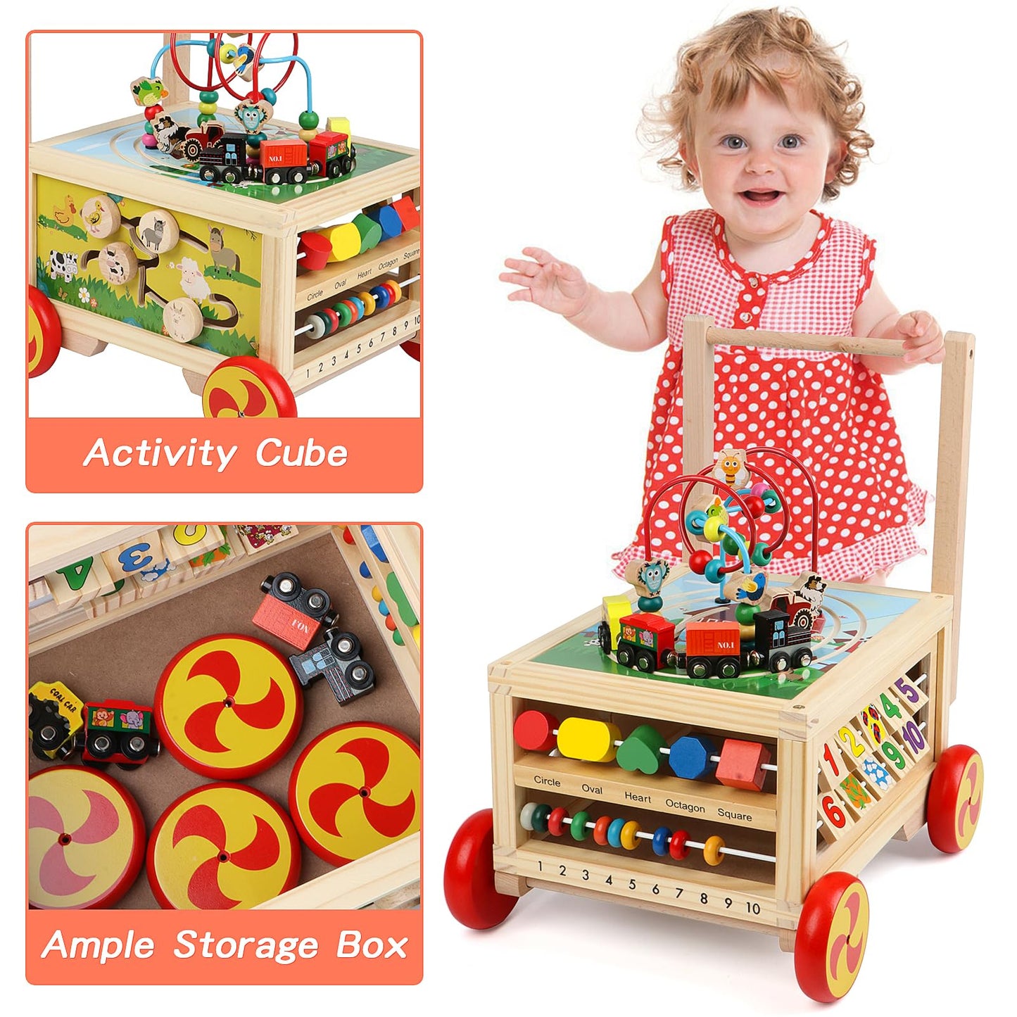 Wooden Activity Cube 7-in-1 Montessori Toys for 1+ Year Old Boys Girls Educational Learning Toys for Toddlers Age 1-2 One Year Old First Birthday Gift Bead Maze Magnetic Trains Track Shape Sorter