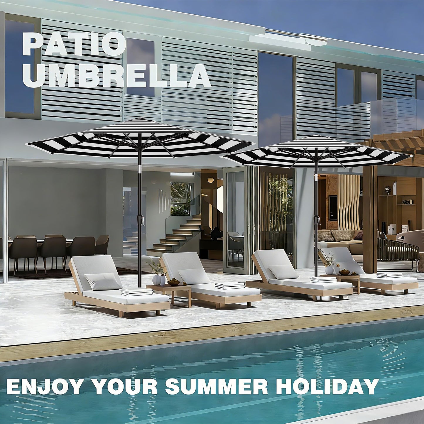 AreShark 9 FT Patio Umbrella for Outdoor, Outdoor Table Umbrella with Push Button Tilt and Crank, Outdoor Patio Umbrellas with 8 Sturdy Ribs for Market, Garden, Pool (Black & White Stripe)