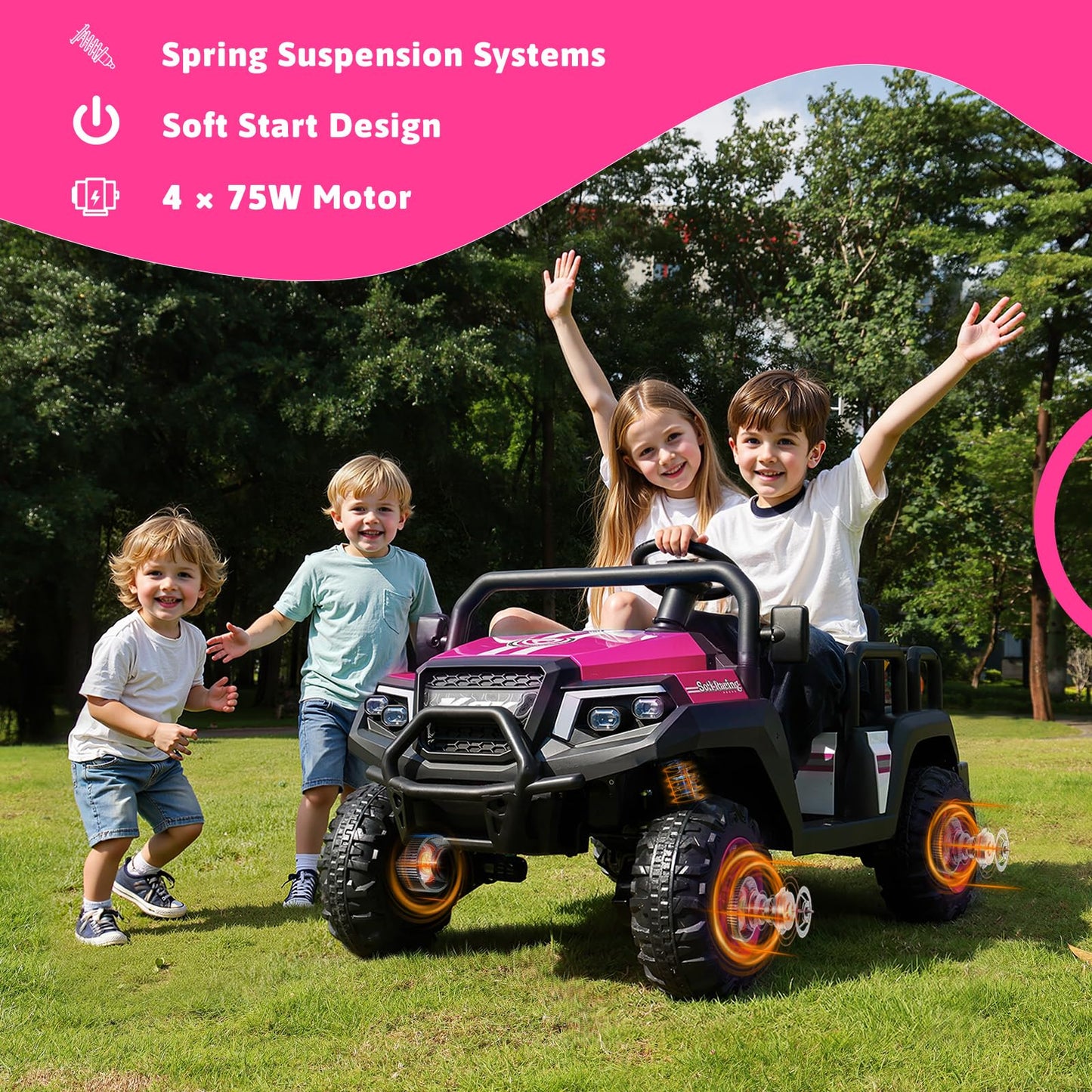 Electric Car for Kids, 24V 4 Seater Ride on Toys w/Parent Remote, 4 Wheeler Suspension, Max 220lbs Weight Capacity, USB, Music, Radio, LED Light, Ride on Truck for Boy/Girl Ages 3-8, Pink