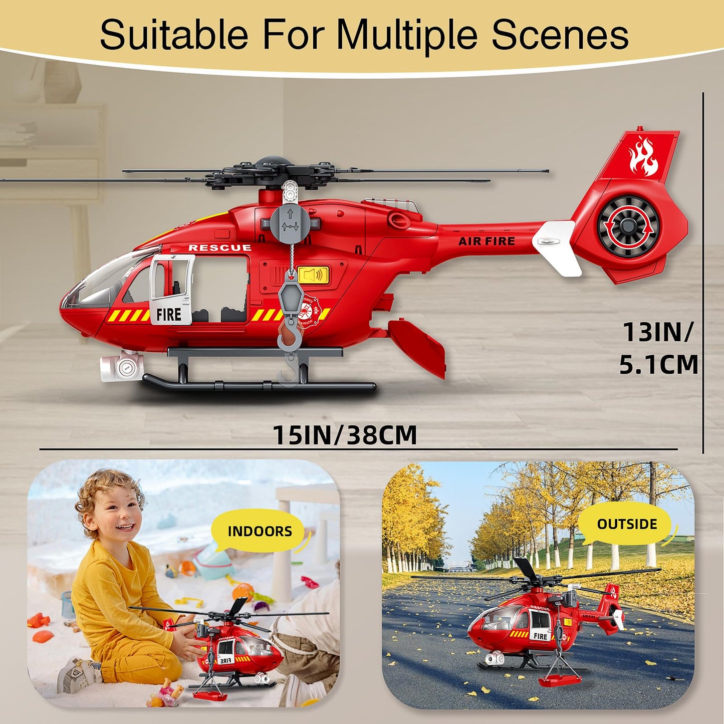 XUEXUE Large Helicopter Toy 15 Inch, Kids Helicopter with Rescue Crane & Hanging Tray, Toy Helicopter with Lights and Sounds, Helicopter Toys for Kids 3-5, Birthday Gift for Boys Age 3-7